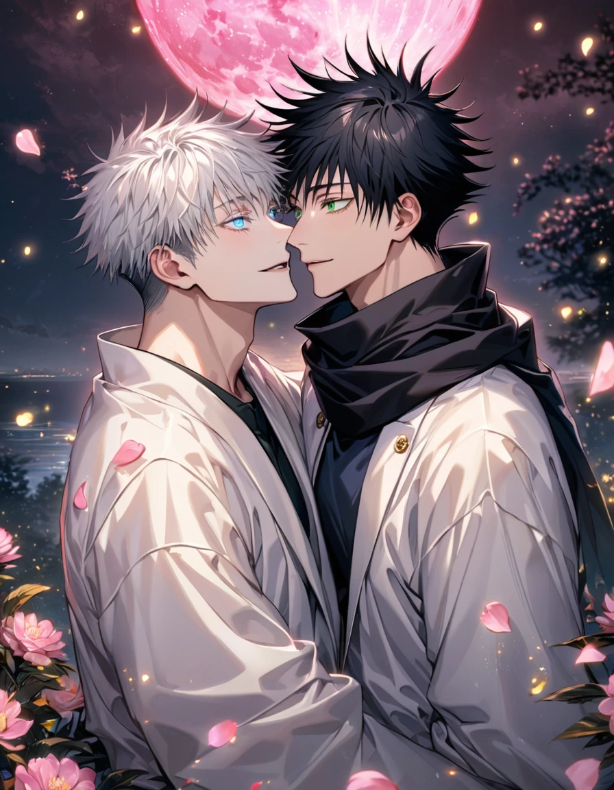 Ultra detailed, highres, absurdres, HDR, Fushiguro Megumi, black hair, green eyes, Gojou Satoru, white hair with bangs, blue eyes, white eyelashes, Jujutsu Kaisen, pink flowers, petals, fireflies, pink moon, 2 sexy men together, gay couple, handsome, very detailed face and eyes, black scarf, white haori with patterns, tone chest, love, happy,