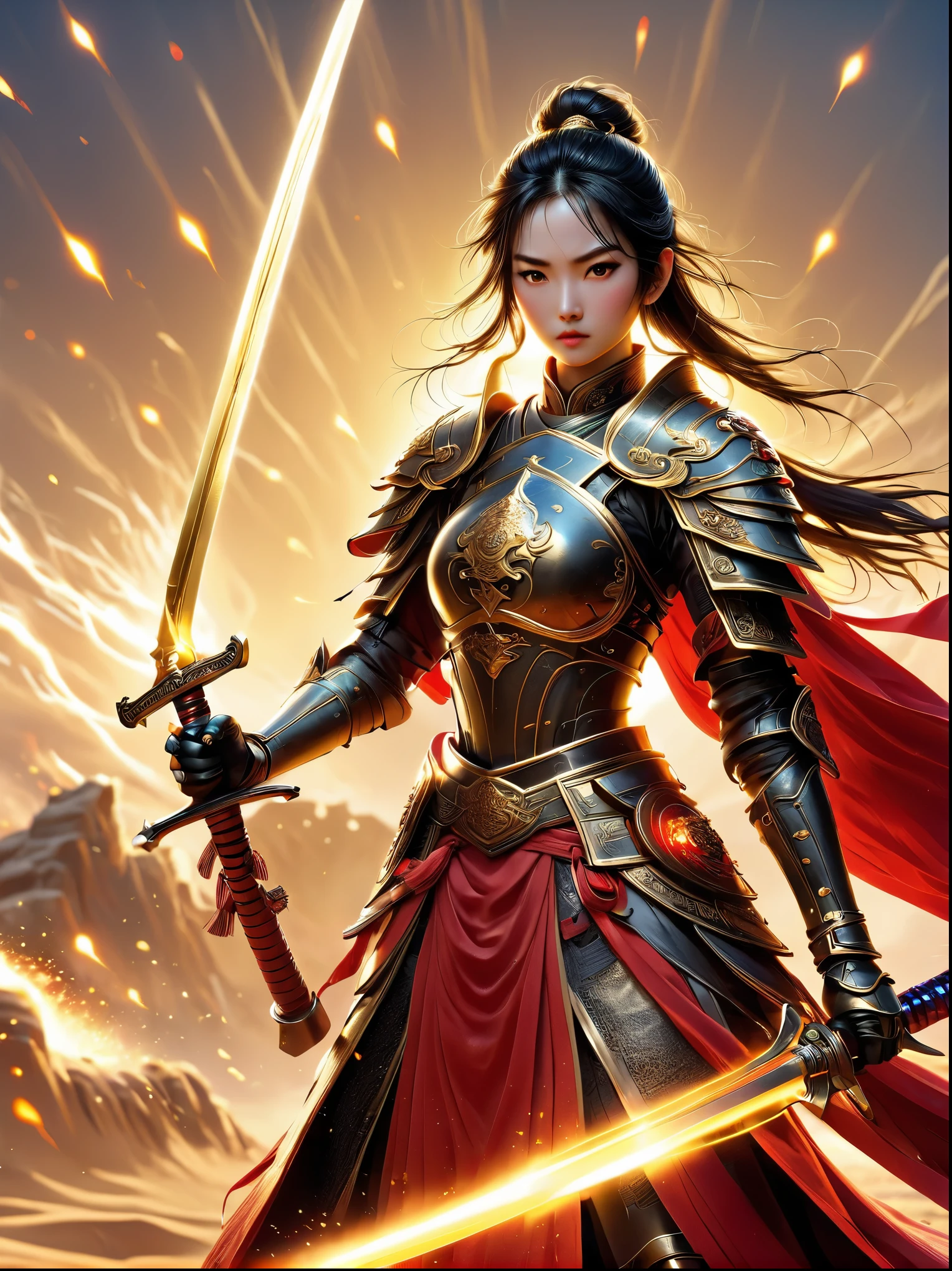 Chinese, Ancient battlefield, Chinese female general, holding a sword in her hand, Serious expression, whole body, Stunning facial features, Red robe, armor, boots, Yellow sand flying in the sky, Fire, game model, stunning lighting, oc rendering, Film Rim Light, exquisite lighting, Ultra Detailed, Epic creation, Ultra HD, best quality, masterpiece, high quality, 8K