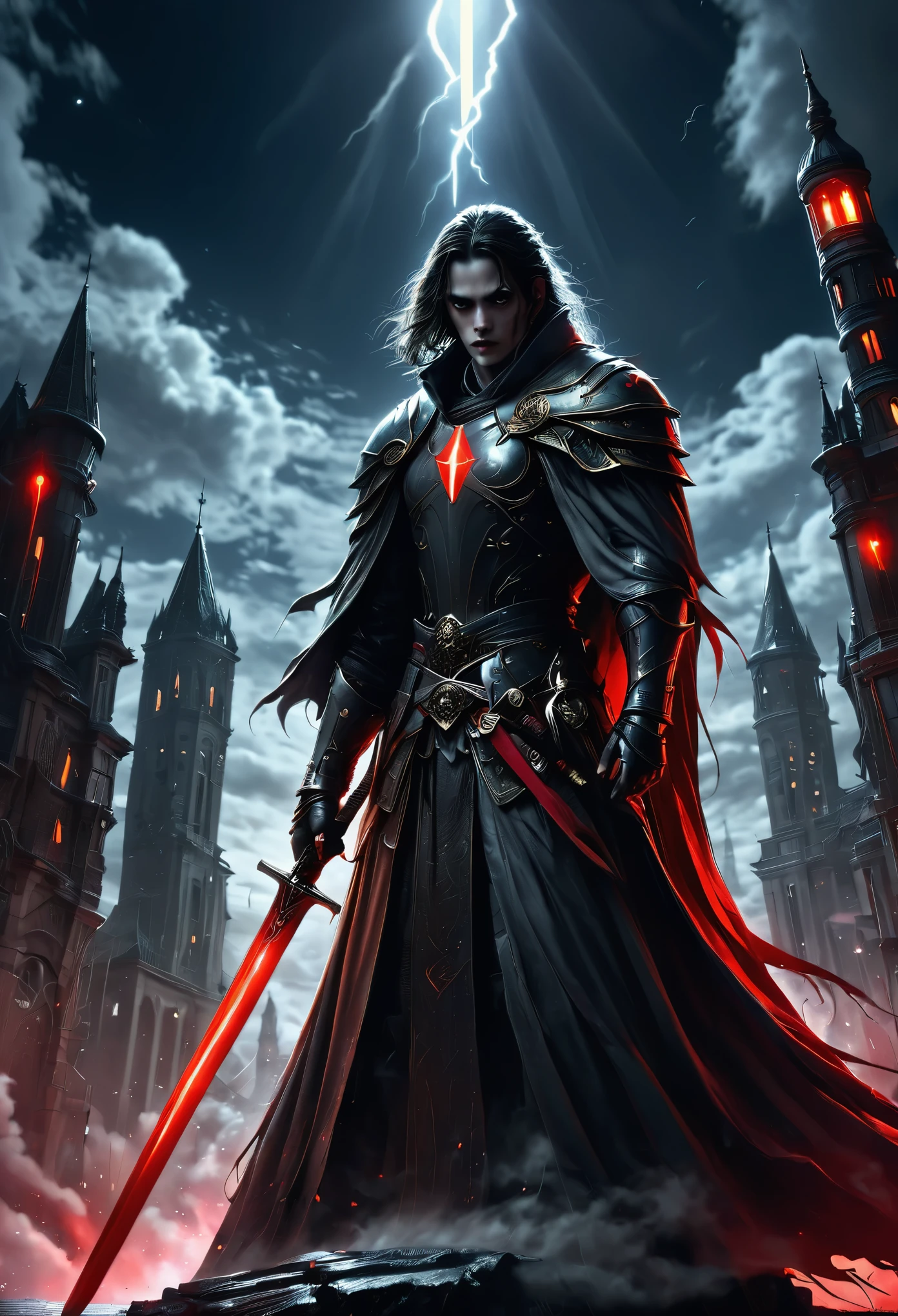 (masterpiece, best quality:1.2), High-rise buildings，Death on the Roof，Cloak，Holding a red long sword，moonlight，heavily clouded， Dark fantasy illustration style , dark arts, High contrast, Dark Shadows, atmospheric perspective, Melancholic colors, Thin Film Component, Volumetric Lighting, number, Brushstrokes, Dramatic Lighting, Low angle shot, Surrealism, Ultra Detailed, Surrealism 