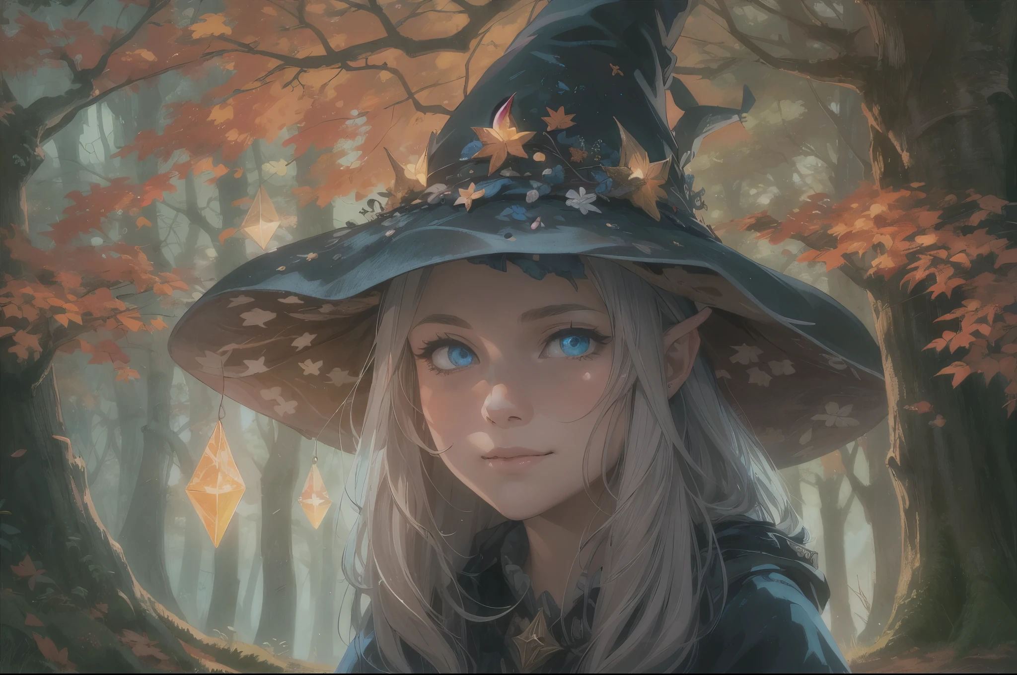 A girl with a witch hat standing in a magical forest, surrounded by colorful autumn leaves and glowing mushrooms. She has piercing blue eyes and a mischievous smile. The girl is wearing a dark cloak with silver stars embroidered on it, and she holds a wooden staff with a glowing crystal at the top. The scene is captured in a realistic and vivid oil painting style, with vibrant colors and rich texture. The overall tone of the image is dark and mysterious, with warm and earthy hues dominating the color palette. The lighting is soft and diffused, casting subtle shadows on the ground and emphasizing the magical atmosphere. The quality of the image is of the highest standard, with ultra-detailed elements and a resolution of 8k. It aims to create a masterpiece that brings the enchanting world of witches to life.