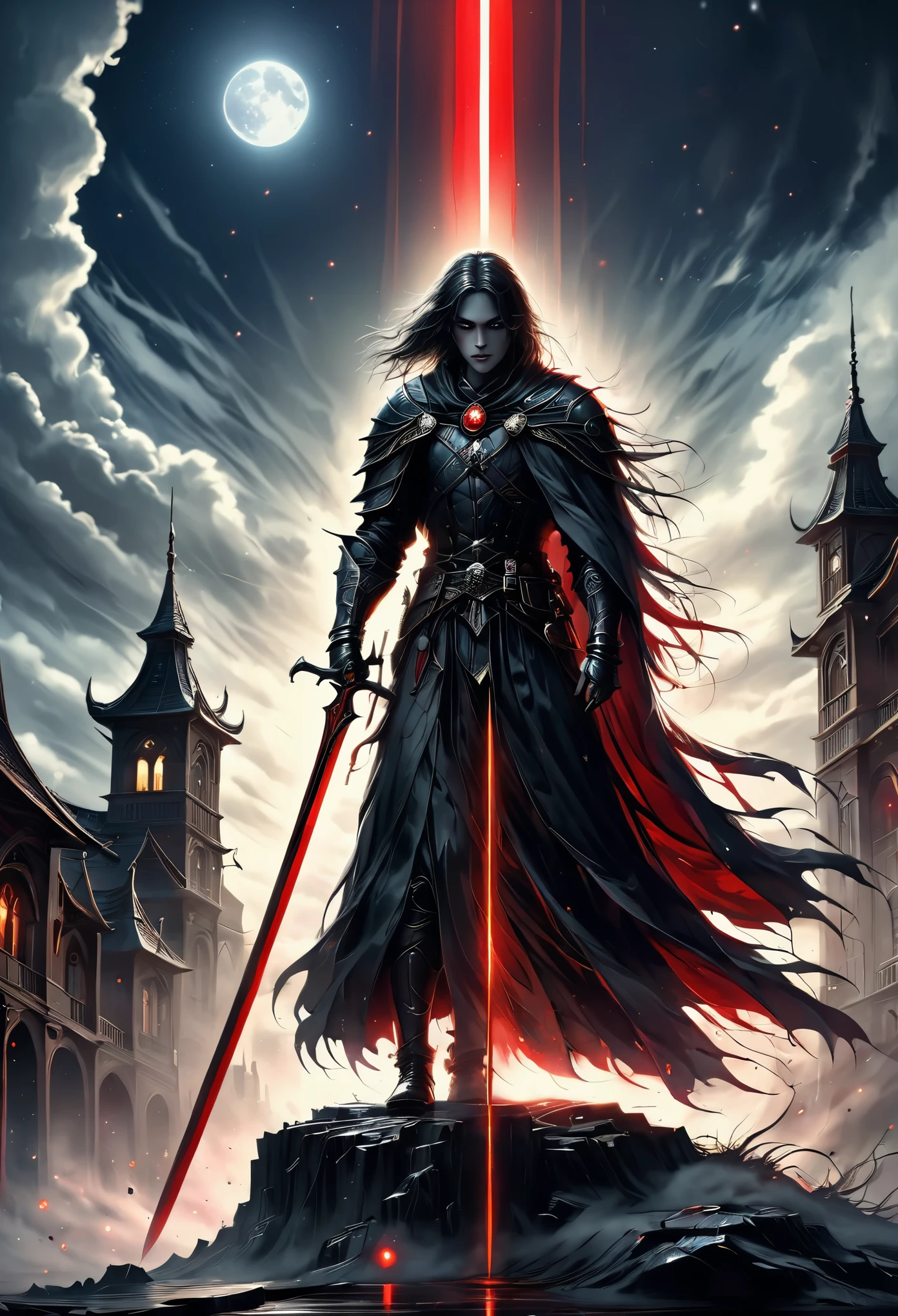 (masterpiece, best quality:1.2), High-rise buildings,Death on the Roof,Cloak,Holding a red long sword,moonlight,heavily clouded, Dark fantasy illustration style , dark arts, High contrast, Dark Shadows, atmospheric perspective, Melancholic colors, Thin Film Component, Volumetric Lighting, number, Brushstrokes, Dramatic Lighting, Low angle shot, Surrealism, Ultra Detailed, Surrealism