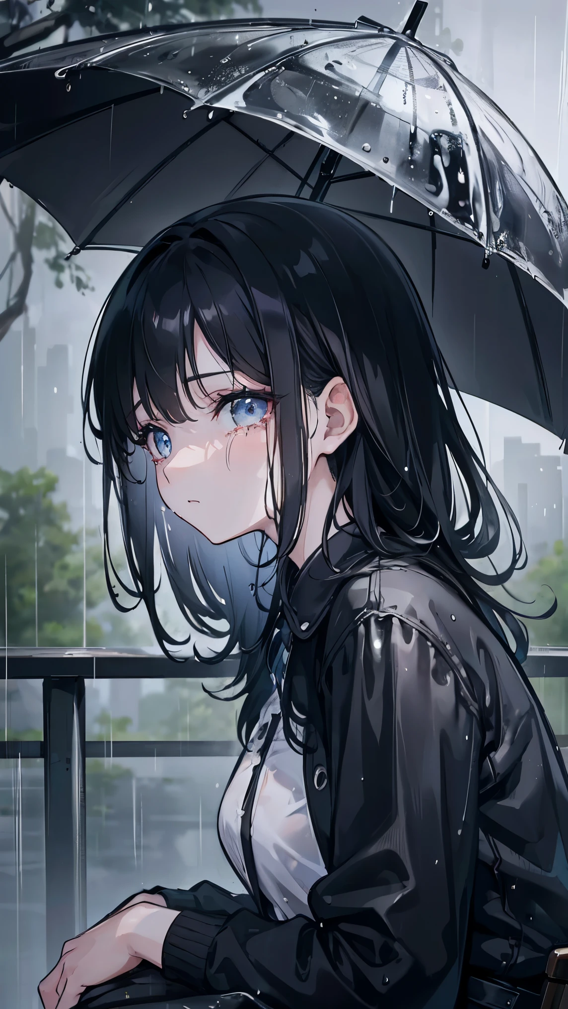 Girl1,from the side,wet hair,the rain, black hair, black hair, asymmetrical hair, bangs, pain, crying with eyes close,Sitting on a chair in a park, Surrealism, anime style, cinematic lighting, 8k, super detail, high quality, high details, super detail, textured skin, 1080P