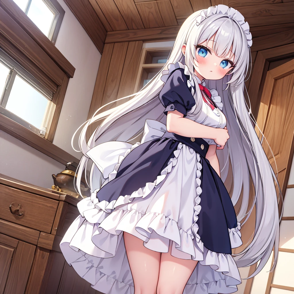 low angle, one person, best quality, Long Hair, silver hair, maid, enormous tits, morning light, blush, ecstasy