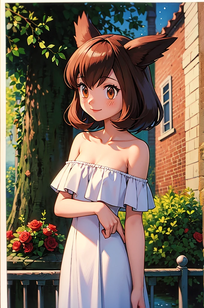 masterpiece, best quality, ultra-detailed, illustration, beautiful detailed eyes, very detailed illustration, cinematic lighting, 1 girl, solo, Pokemon Heroes (Bianca), Brown Hair, brown eyes, bare shoulders, strapless, off shoulders, white ruffle off the shoulder maxi dress, intricate details, sharp focus, high resolution, the background of beautiful garden with rose bushes, on a beautiful night, full moon, smile, standing near a lake, arms behind back, anime style, ultra-detailed, hdr, far at the bottom, in the center, Close up