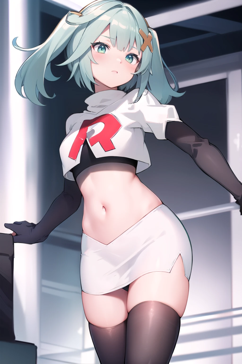 faruzandef, blush, short hair,twin ponytails, team rocket,team rocket uniform,white skirt,red letter R,crop top,black thigh-highs,black elbow gloves