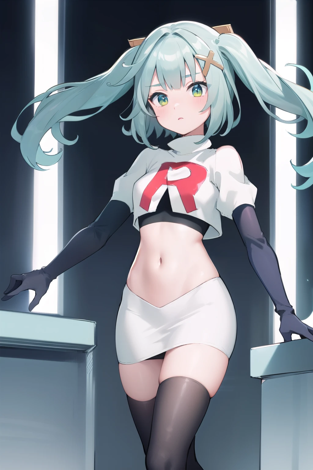 faruzandef, blush, short hair,twin ponytails, team rocket,team rocket uniform,white skirt,red letter R,crop top,black thigh-highs,black elbow gloves