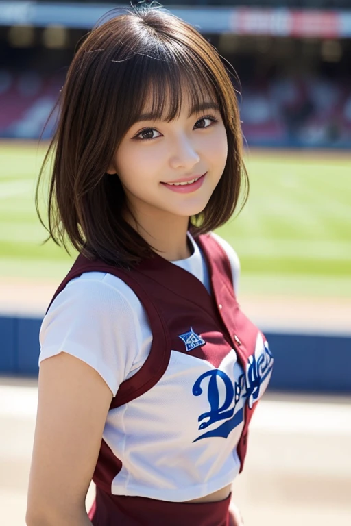 cute japanese college student、21 years old、Super detailed face、Attention to detail、double eyelid、Beautiful thin nose、Sharp focus:1.2、Beautiful woman:1.4、(Maroon brown hair、Short Hair)、(Detailed facial features)、Brunette eyes、Natural Bangs、White skin、highest quality、masterpiece、超A high resolution、(Photorealistic:1.4)、非常に詳細でプロフェッショナルな照明のsmile、looking at the camera、Bright lighting、Professional Lighting、Smooth lighting、Light the front、One person is standing、(dodgers uniform)、 ((Low-rise micro mini pleated skirt)),(Stadium)、smile、belly button、(Beautiful waistline)、