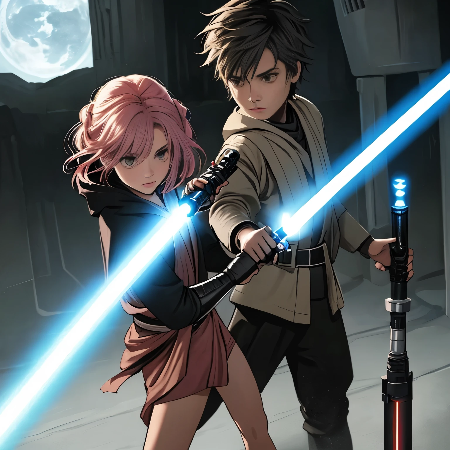 Boy jedi vs girl sith fight, two lightsaber