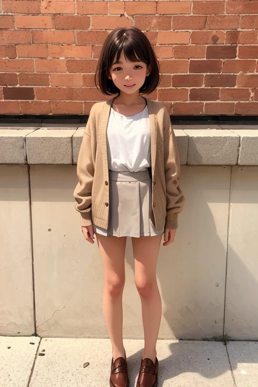 full body shot, Highest quality, 8k, High resolution, 1 girl, High-quality texture, Intricate details, CG, High Quality Shadows, beautiful and delicate face, Beautiful details and a delicate eye, Written boundary depth, Ray Tracing, 13 years old, Cute Japanese Girl, glossy lips, Looking at the audience, (White shirt, Brown cardigan, Checked mini skirt), (Eye color is brown), (Brown Hair, short hair), (Layered Hairstyles), smile, Be sure to add details to your clothes, full body shot, School, Brick wall