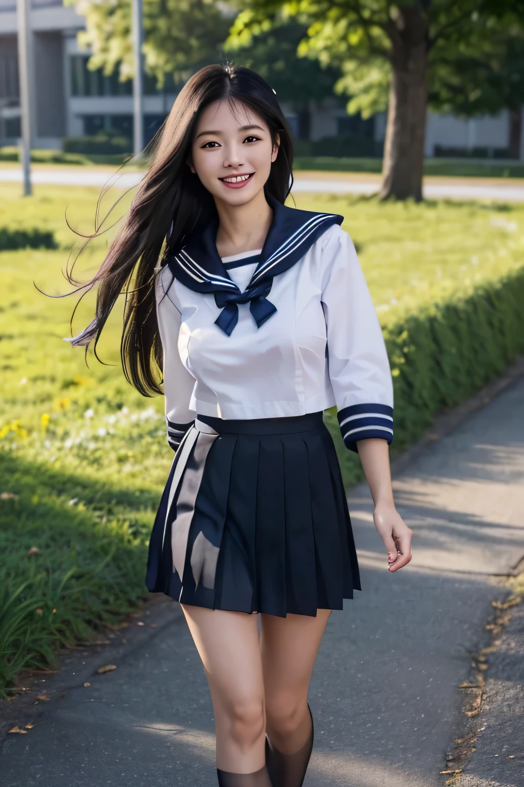 (Hyperrealism, 10, very detailed, highest quality, Very detailed, masterpiece, Ultra-realistic, High Detail, Raw photo, Realistic,）((Walking Path,spring)）,(((Sailor suit, school uniform))), (((Black pleated skirt))), (Black Stockings),(smile、smile、Composition from the front))、highest quality, (((whole body)))、(((big breasts、Ｇcup)))、Beautiful Japanese Girl,Long Hair、Black Hair、 Smiling in a sexual way, ((Accurate Clothing、Accurate human body))