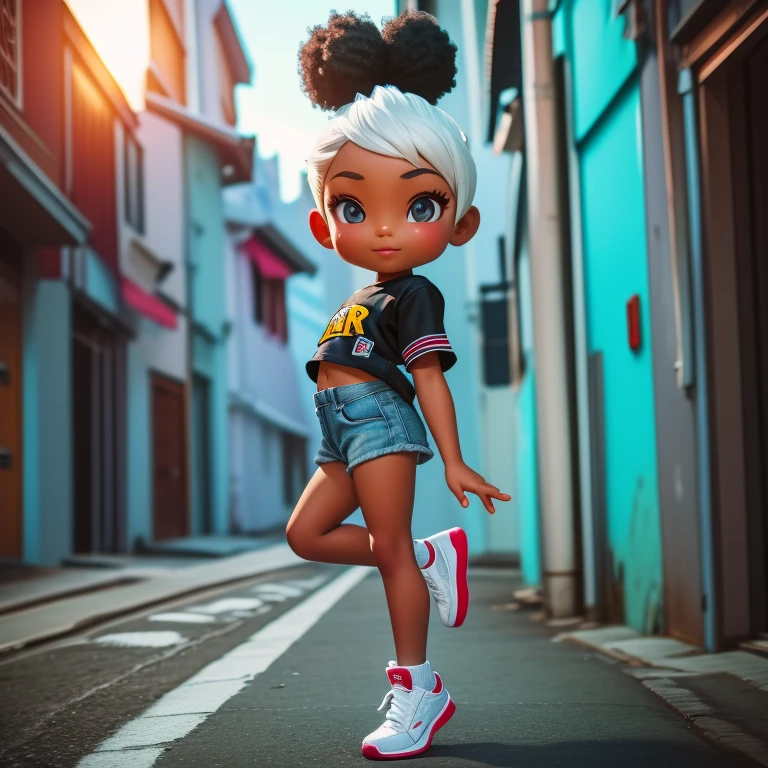 cute blasian girl with white hair poses for a photo ,standing on one leg pose standing in a clean street wearing jordan sneakers,hyper-detailed,photo realistic high res, UHD,hyperdetailed