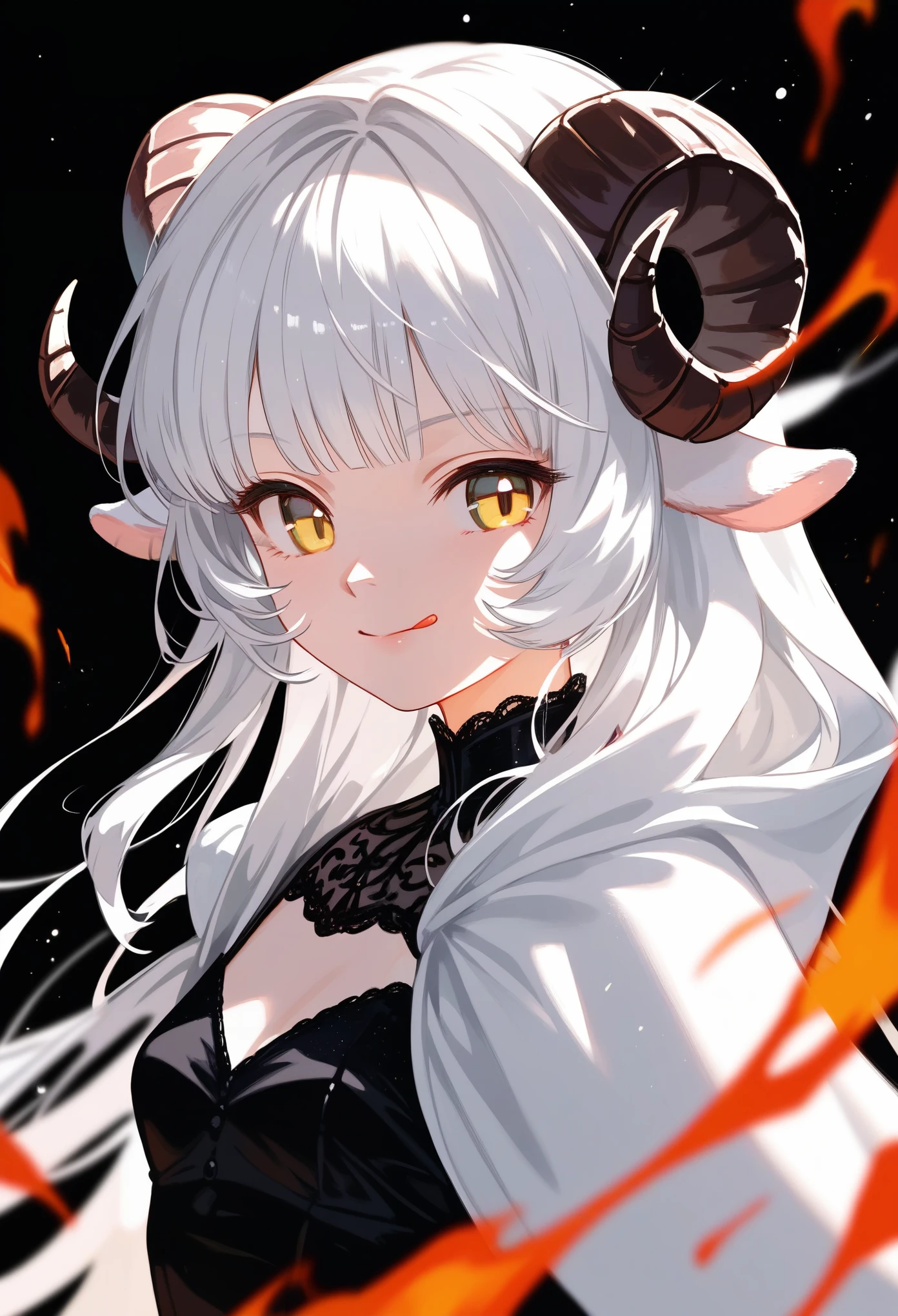 (score_9, score_8_up, score_7_up), 1girl, solo, sheep horns, curled horns, black horns, white sheep ears, white hair, long hair, hime cut, long bangs, sheep horns, curled horns, yellow eyes, evil smile, smug, tongue out, :p, small breasts, standing, wearing a white hooded cultist cloak, hood off, black victorian dress beneath, black background, simple background, surrounded by fire, depth of field, sharp focus, upper body, highres, detailed, best quality, masterpiece,