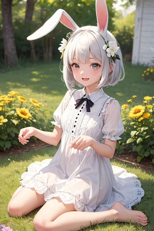 (masterpiece, best quality), girl, small, alone, focused alone (animal ears, rabbit ears), barefoot, knees raised, dress, seated, short sleeves, looking at the viewer, grass, short hair, smile, white hair, smile, white hair, fluffy sleeves, outdoor, fluffy short sleeves, fringe, on the floor, full body, animal, green eyes, speckled sunlight, sunlight, outdoor, cute short sleeves, fringe, depth of field, open mouth,, (flower, hair flower), w, wariza, white dress