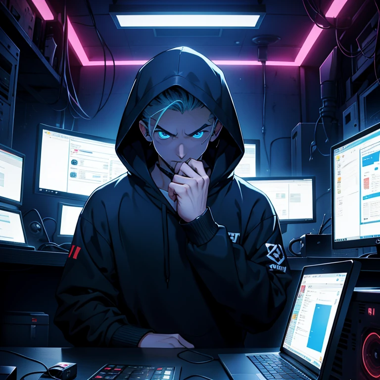 Hacker: A solitary figure in a dimly lit room, focusing intently on his computer screen. His shoulders are slouched, a hoodie covering his thick brows and masking his identity. The room is filled with wires and blinking lights, the hum of machinery providing a rhythmic background. He types furiously with long, calloused fingers, stubble brushing against the collar of his t-shirt. The air is thick with tension, the only sound besides the computer being the occasional click of a mouse. The hacker's eyes are hyperdetailed, concentrating intently on the code before him, his gaze unwavering. The room is bathed in the glow of multiple screens,