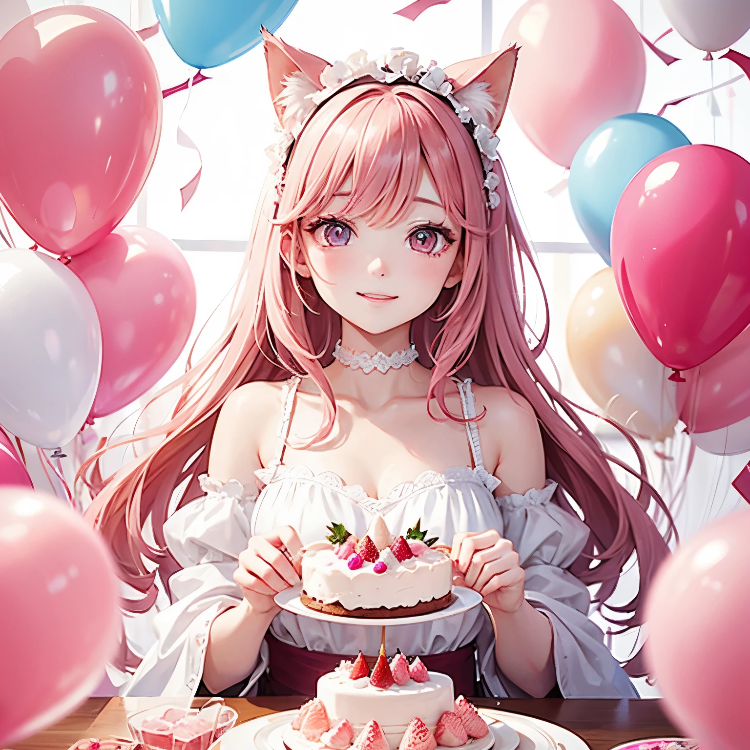 Cat with pink ribbon、Pink Hair、Pink eyes、White clothing、smile、happy、Celebration、birthday、Strawberry chocolate cake、Background balloons flying