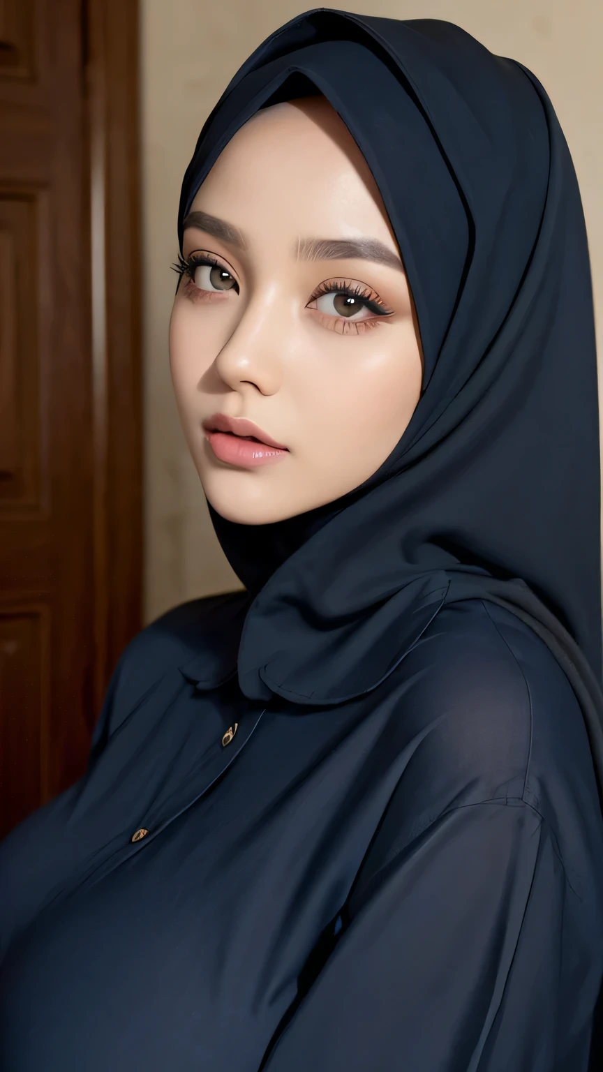 ((Masterpiece, best quality, photography, detailed skin, realistic, photo-realistic, 8k, highly detailed, full length frame, High detail RAW color art, diffused soft lighting, shallow depth of field, sharp focus, hyperrealism, cinematic lighting, hijab, a woman in a beautifully makeup, smokey eyeshadow, beautiful big eyes, long eye lashes, wearing (black hijab), loosely tide hijab style, ((navy blue shirt)), Huge large breast.