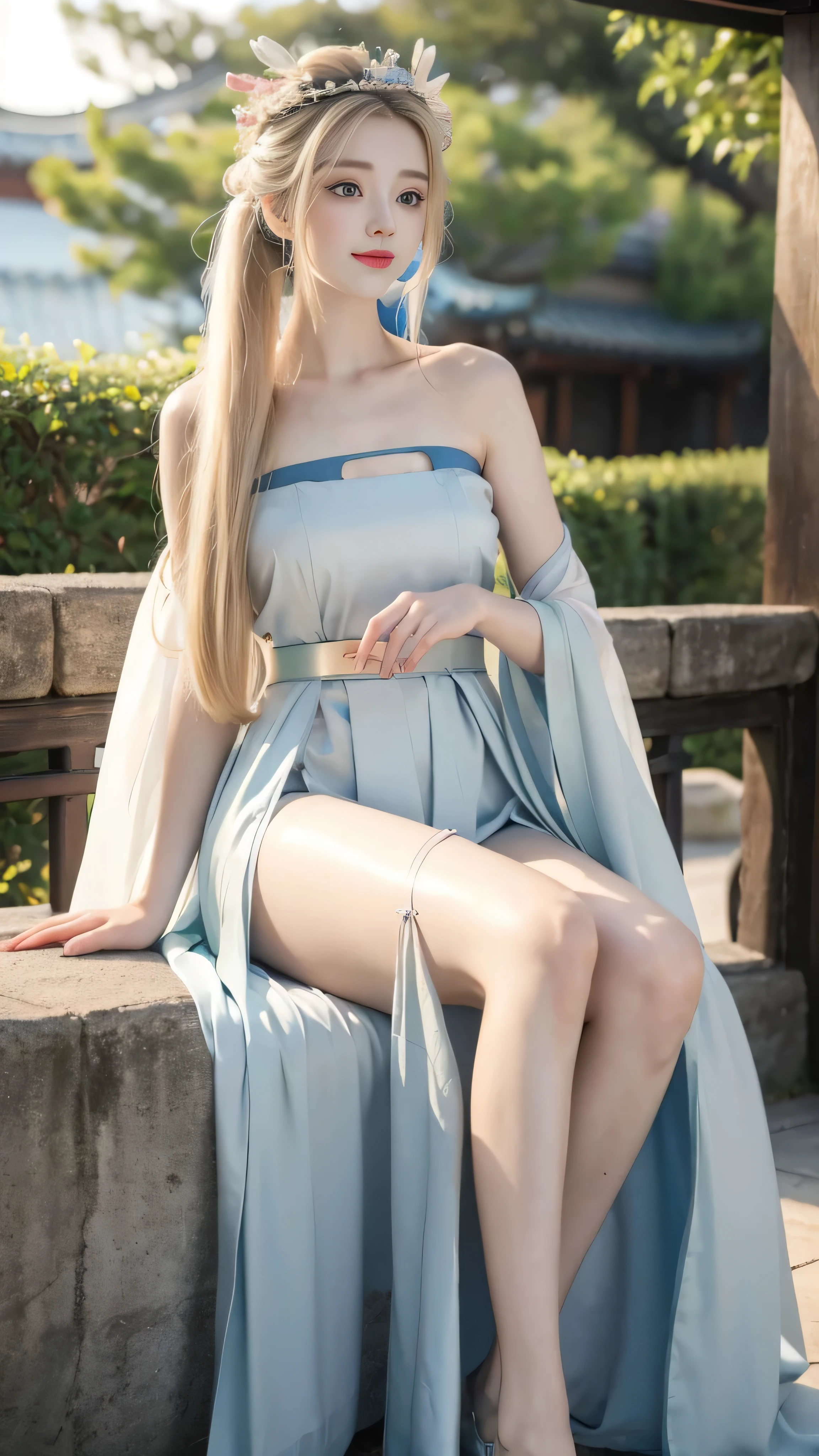 (masterpiece), HD Hanfu women, Cute face, Perfect face, Long blond hair, blue eyes, Very charming.Bandeau Hanfu，Long legs，whole body，Low-cut dress，Show your thighs，Side slit skirt，Short skirt，bracelet，make up，Pink Hanfu，(Smile），Headdress