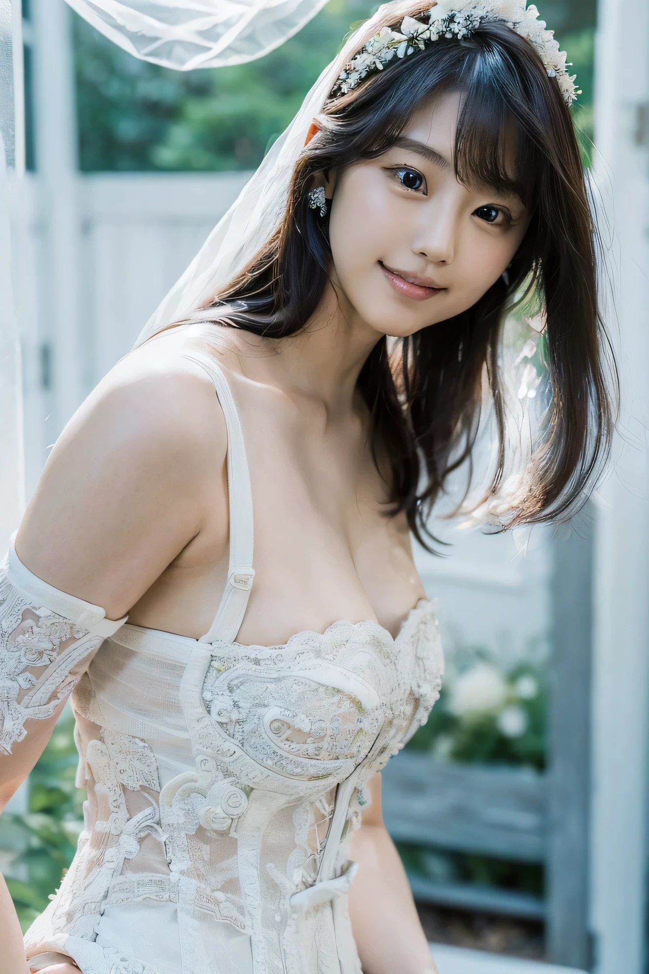 photo, photo realistic, masterpiece, best quality, fair skin, (finely detailed beautiful eyes:1.2),
1girl, solo, (20 years old), (japanese:1.3), gravure idol, (medium breasts),
((white:1.2) wedding dress:1.2),
closed mouth, (smiling:0.8), black hair, (gravure),
(sexy pose:1.2), looking at viewer, (upper body), (front view),