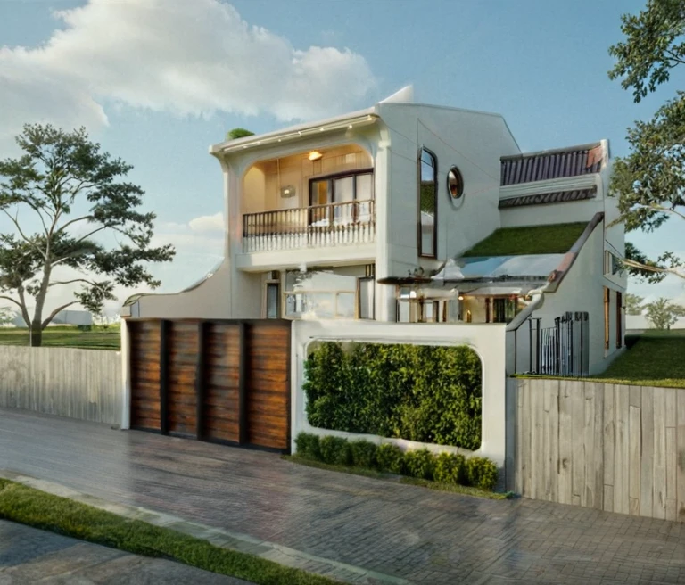exterior house, contemporary style, white wall, wood wall, wood door, glass window, (realistic:1.2), Masterpiece, high quality, best quality, authentic, super detail, outdoors,road,pavement, grass, trees, sky, cloud, (daylight:1.1)