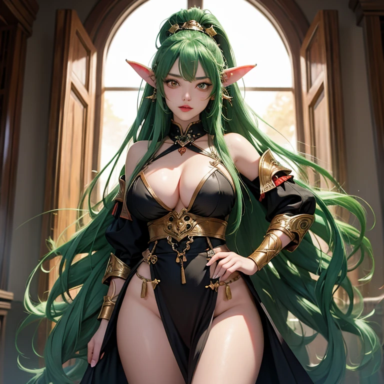 1 goblin woman, female goblin, green hair, long hair, goblin ears, yellow eyes, full lips, round face, huge breasts, wide hips, goblin tail, turned away, rearing her back, wearing animal warrior clothes, expressive scene ,inside a colisel