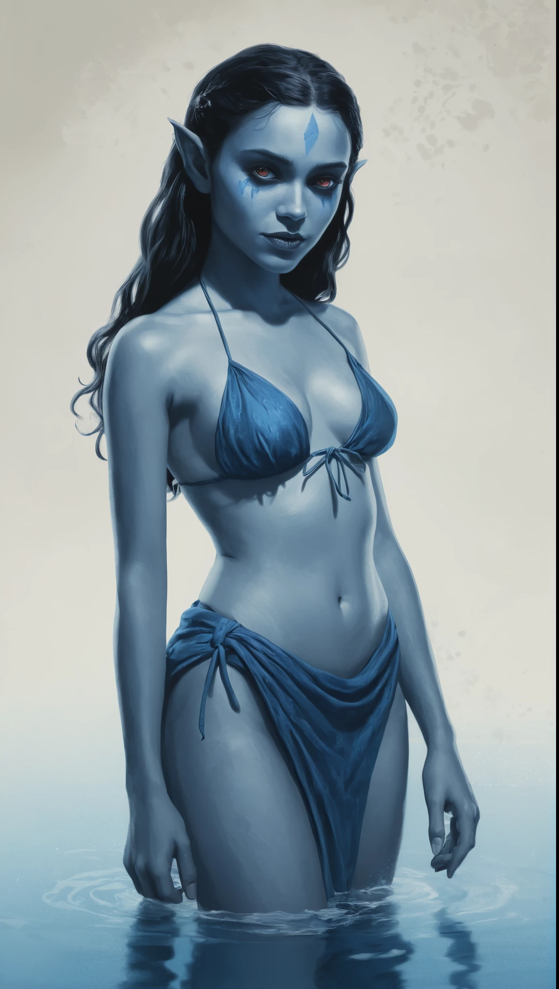 An illustrated movie poster, hand-drawn, full color, a young drow girl, drow elf, wearing a sarong bikini, blue skin, blue complexion, pointy elf ears, ruby eyes, dark hair, long loose waves, waist-length hair, posing in a steamy sulfur pool, hard shadows, graphite shading, stencil marks, airbrushed acrylic paint, masterpiece, in the style of Game of Thrones