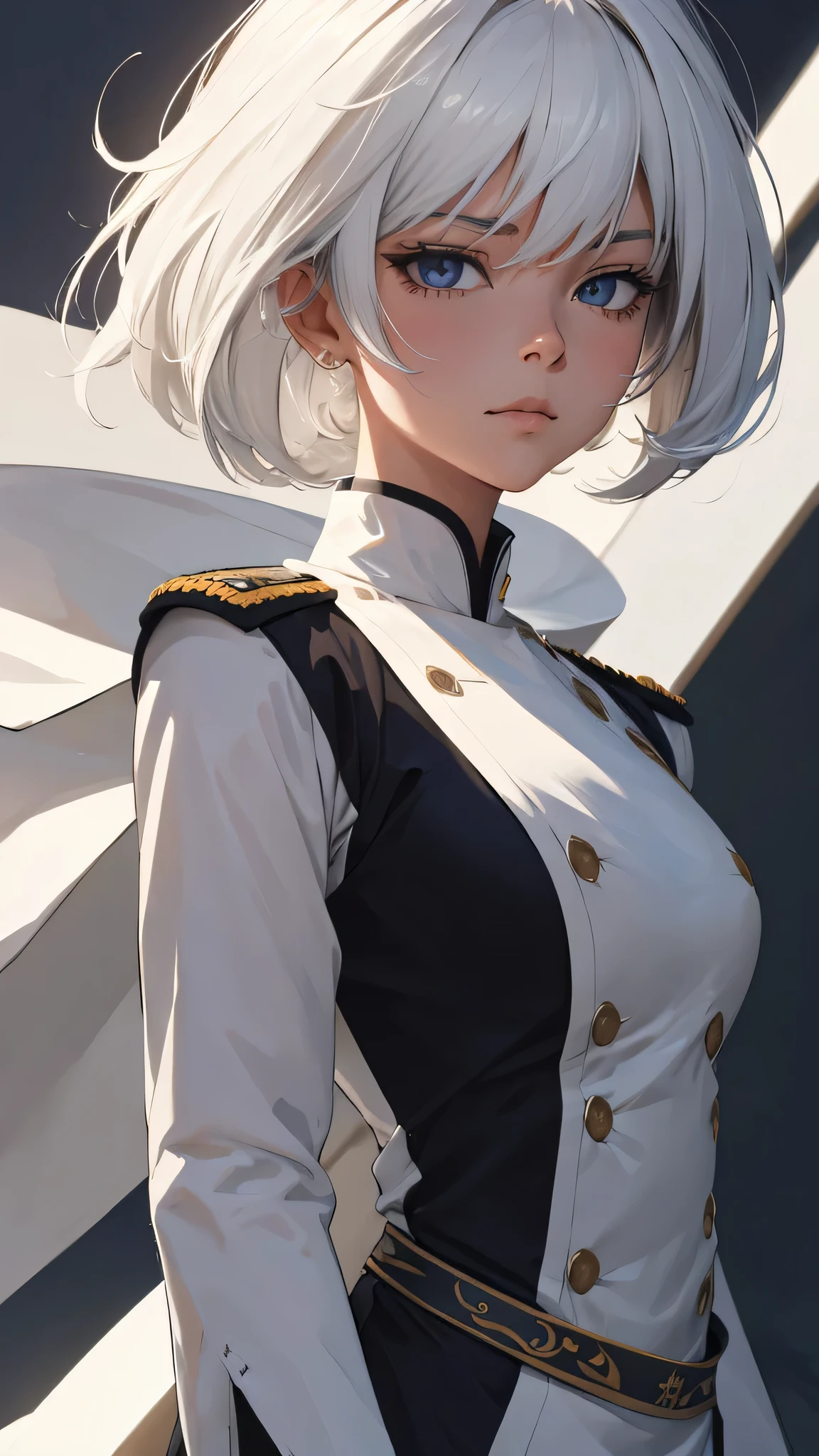 extremely detailed CG unity 8k wallpaper), (masterpiece), (best quality), (ultra-detailed), (best illustration), (best shadow), (absurdres) ,(detailed eyes), 2b, 1girl, japanese hairstyle , white hair, solo, Intimidating women, admiral uniform, night, hero pose, white clothes, General Uniform, Military Uniform, Sunlight, exposed to sunlight,commander, fighting pose, wearing cape