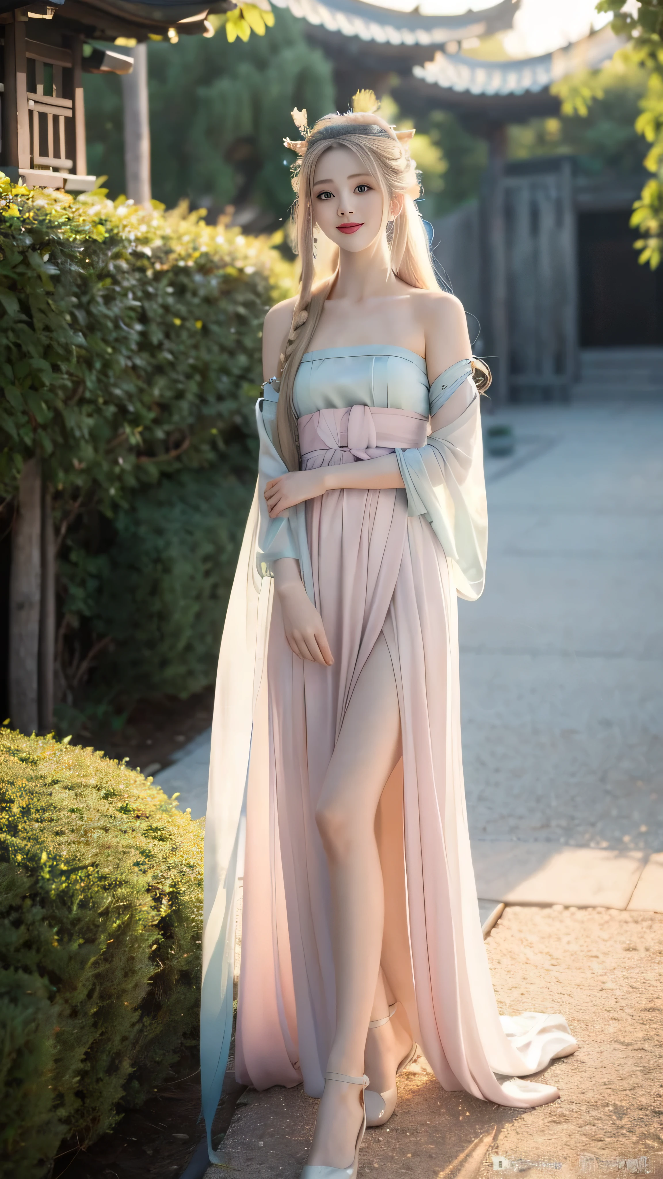 (masterpiece), HD Hanfu women, Cute face, Perfect face, Long blond hair, blue eyes, Very charming.Bandeau Hanfu,Long legs,whole body,Low-cut dress,Show your thighs,Side slit skirt,Short skirt,bracelet,make up,Pink Hanfu,(Smile),Headdress