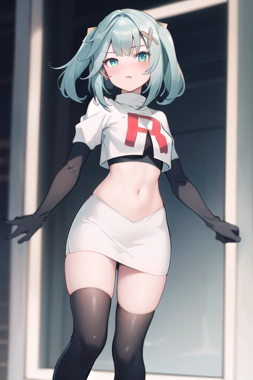 faruzandef, blush, short hair,twin ponytails, team rocket,team rocket uniform,white skirt,red letter R,crop top,black thigh-highs,black elbow gloves