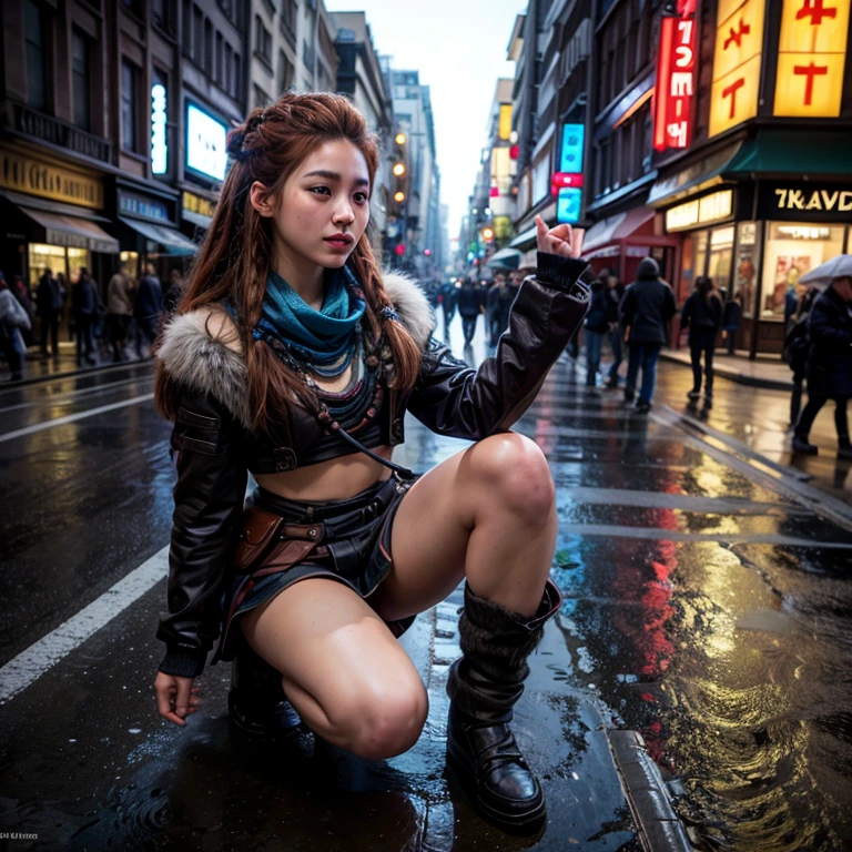 Beautiful Japanese woman,
age 20,
height 160cm,
standard build,
long hair,
dressed like Aloy, the main character of the PlayStation game Horizon,
skirt hem length 15cm above the knee,
posing cutely with one leg raised,
street corner in Paris,
winter,
rain,
night,