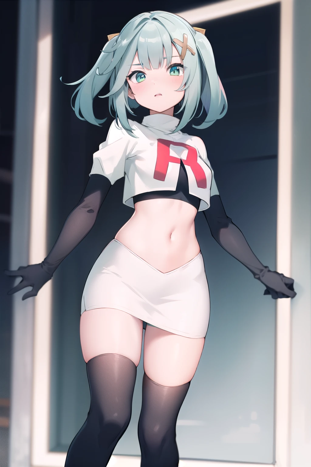faruzandef, blush, short hair,twin ponytails, team rocket,team rocket uniform,white skirt,red letter R,crop top,black thigh-highs,black elbow gloves