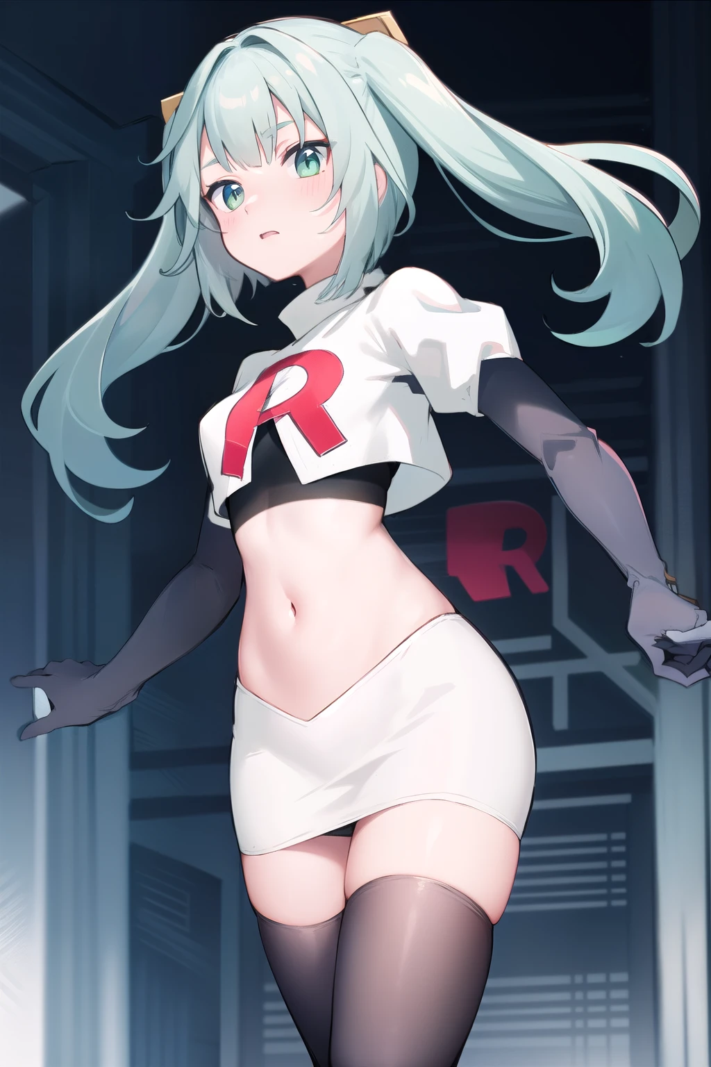 faruzandef, blush, short hair,twin ponytails, team rocket,team rocket uniform,white skirt,red letter R,crop top,black thigh-highs,black elbow gloves