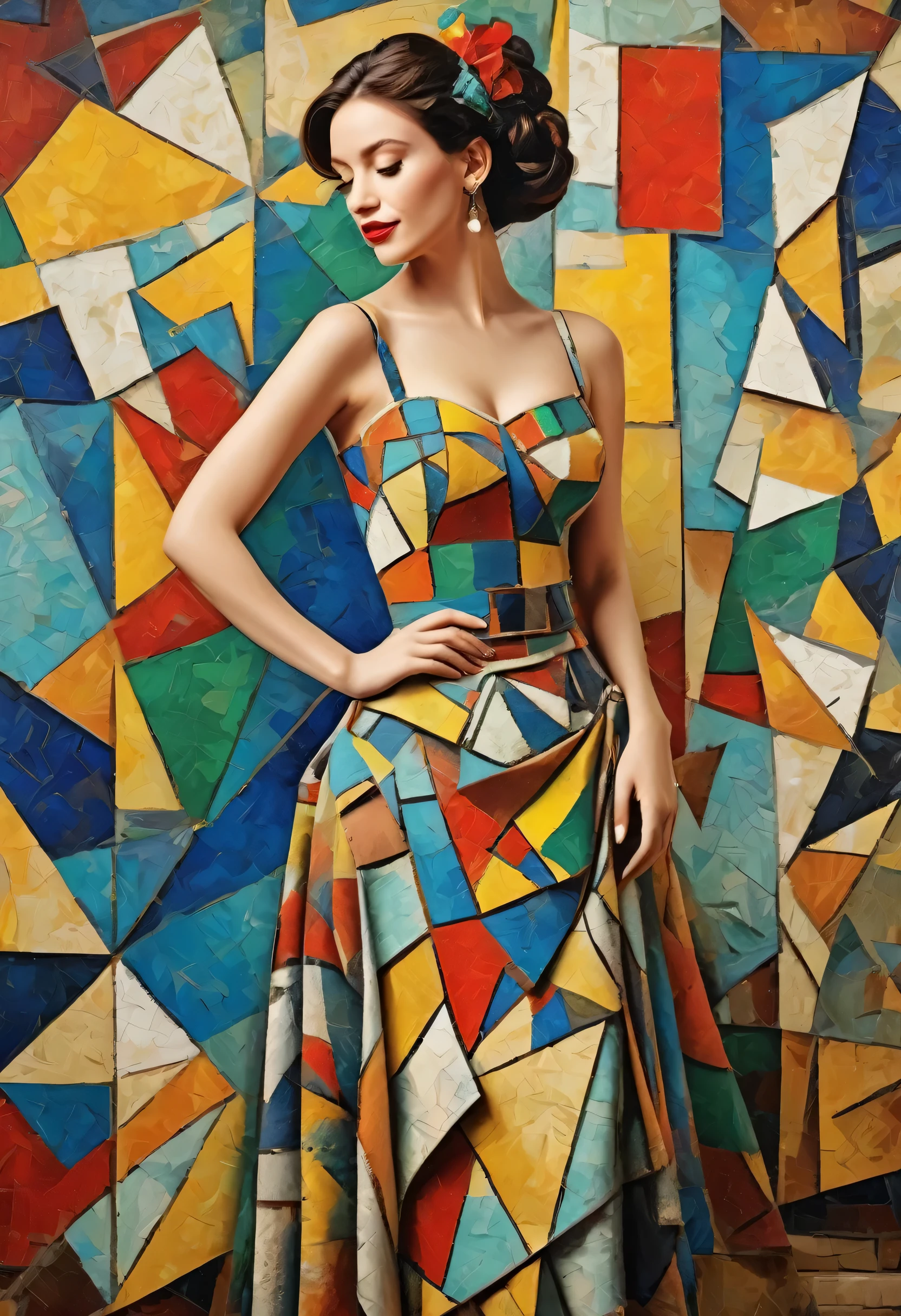 pop music、a beatiful and happy women、Picasso-style abstract painting、Scrape Art、cubism、Irregular mosaic art, Antique clothing, Ultrarealismo, 8K, photography, photo painting, fullbody image,
