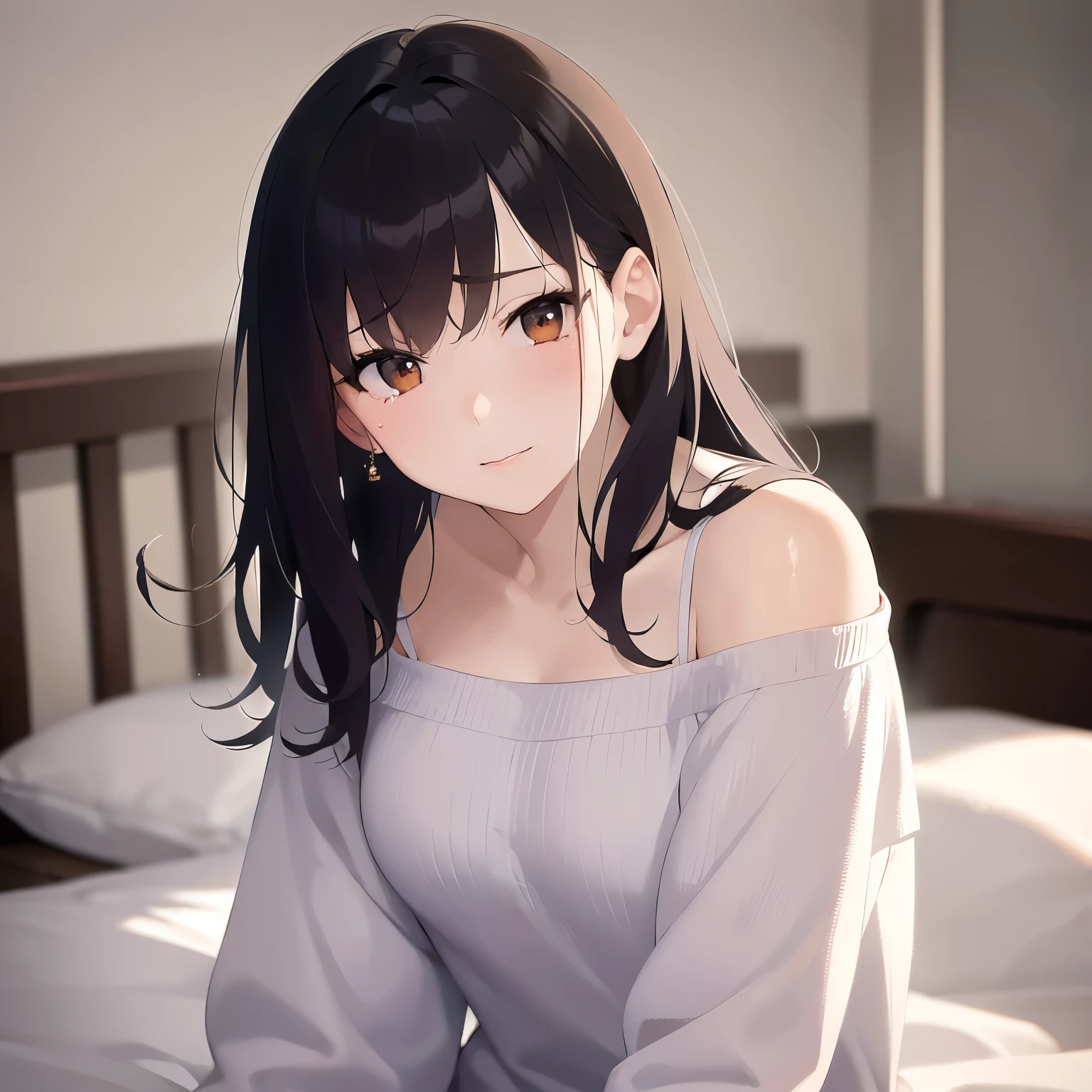 bedroom,sitting on bed、Upper Body, Realistic, real person, (pale skin: 1.2), RAW photo, photorealistic, portrait photography, shiny skin, shiny hair、(A 25-year-old woman with medium-length hair and bangs) and (wavy hair) and (brown hair) and (orange eyes) and (closed eyes), (White off-shoulder blouse) and (long sleeve), smile, (tears:1.2), Alone