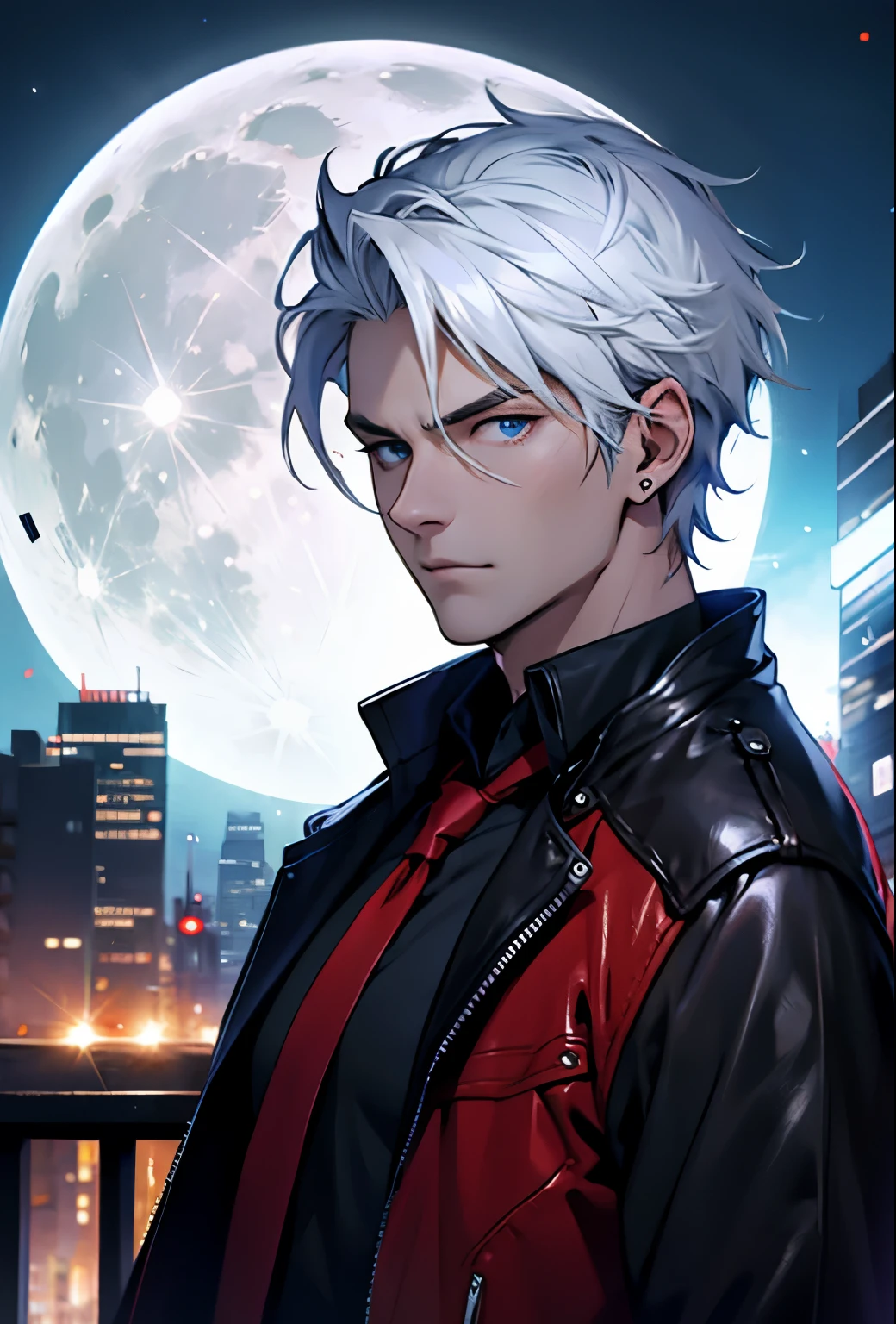 male, white hair combed back, blue eyes, black leather jacket, black shirt, red tie, red vest, detailed eye. City at night background. full moon.