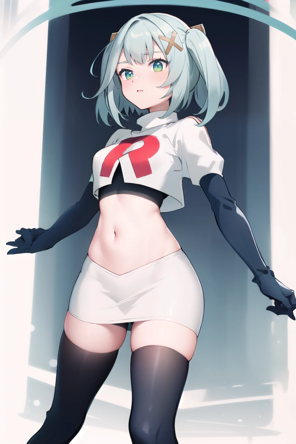 faruzandef, blush, short hair,twin ponytails, team rocket,team rocket uniform,white skirt,red letter R,crop top,black thigh-highs,black elbow gloves