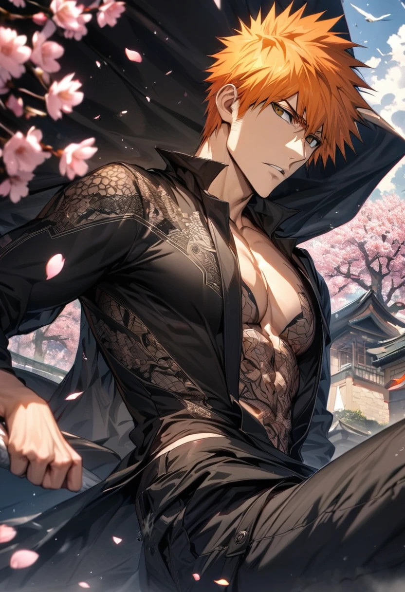 absurdres, highres, ultra detailed, HDR, masterpiece, extremely detailed face and eyes, Kurosaki Ichigo, orange hair, expressive brown eyes, Bleach, solo, sexy man, handsome, black coat, black tight shirt, toned chest, black pants, patterns, spring, blossoms, petals, birds