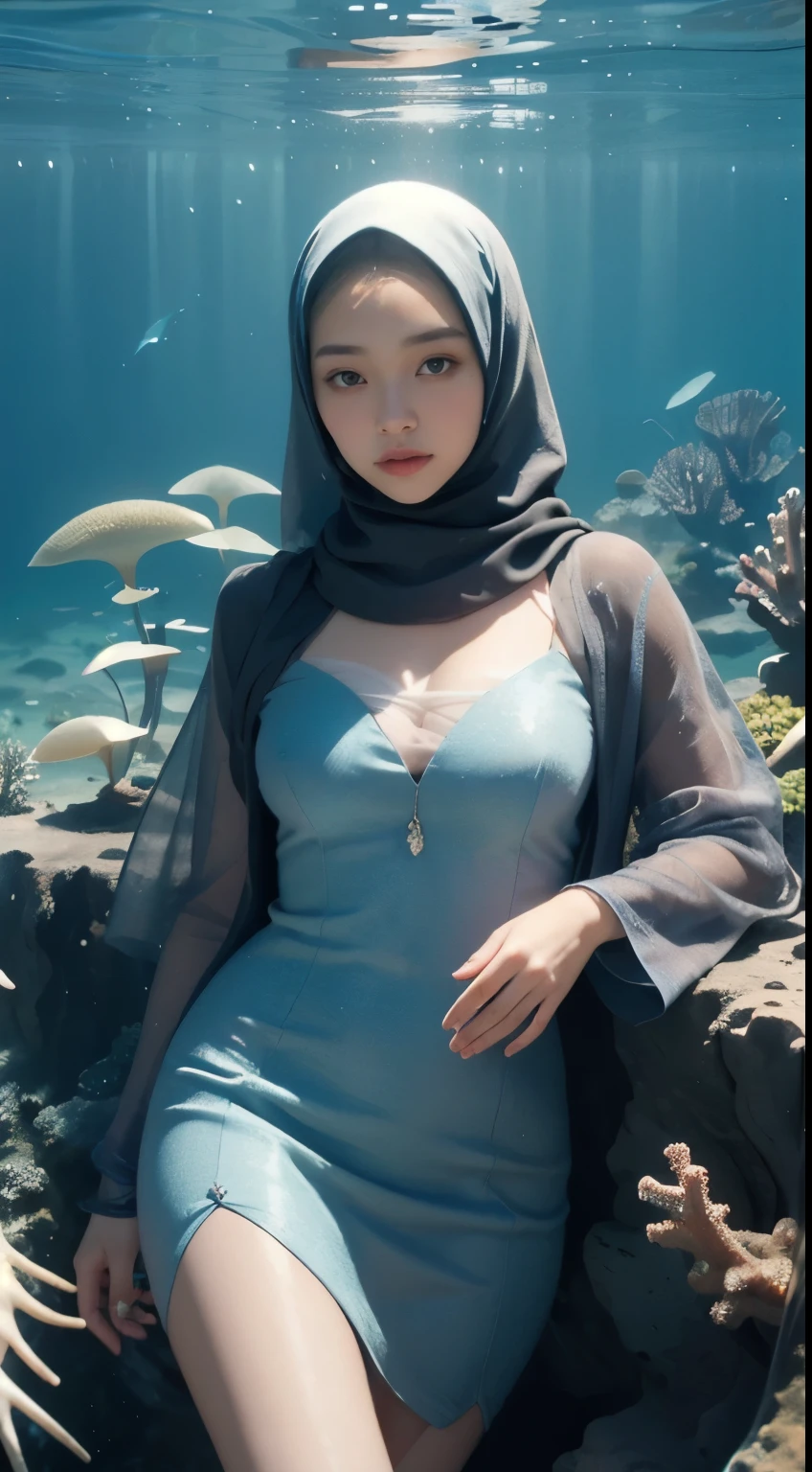 (masterpiece, best quality, realistic, ultra-realistic, realism, photorealism, 8k wallpaper, high quality, absurdres, trending on ArtStation), Plunge into the extraordinary world beneath the ocean's surface and depict the captivating scene of a girl in (hijab with underscarf:1.2) standing at the bottom of the ocean, surrounded by a bustling array of ocean life. Bring the viewer up close and personal with the girl and the underwater realm, allowing them to appreciate the intricate details of the marine environment. Show the girl as a central figure, conveying a sense of wonder and harmony as she interacts with the underwater creatures. Use a vivid color palette to showcase the brilliant hues of coral, the shimmering scales of fish, and the delicate movements of sea plants. Incorporate elements such as seashells, starfish, and other marine flora and fauna to enhance the realism and create a sense of depth. Let the artwork transport viewers into a mesmerizing underwater world, where they can imagine themselves immersed in the girl's serene and awe-inspiring oceanic encounter.