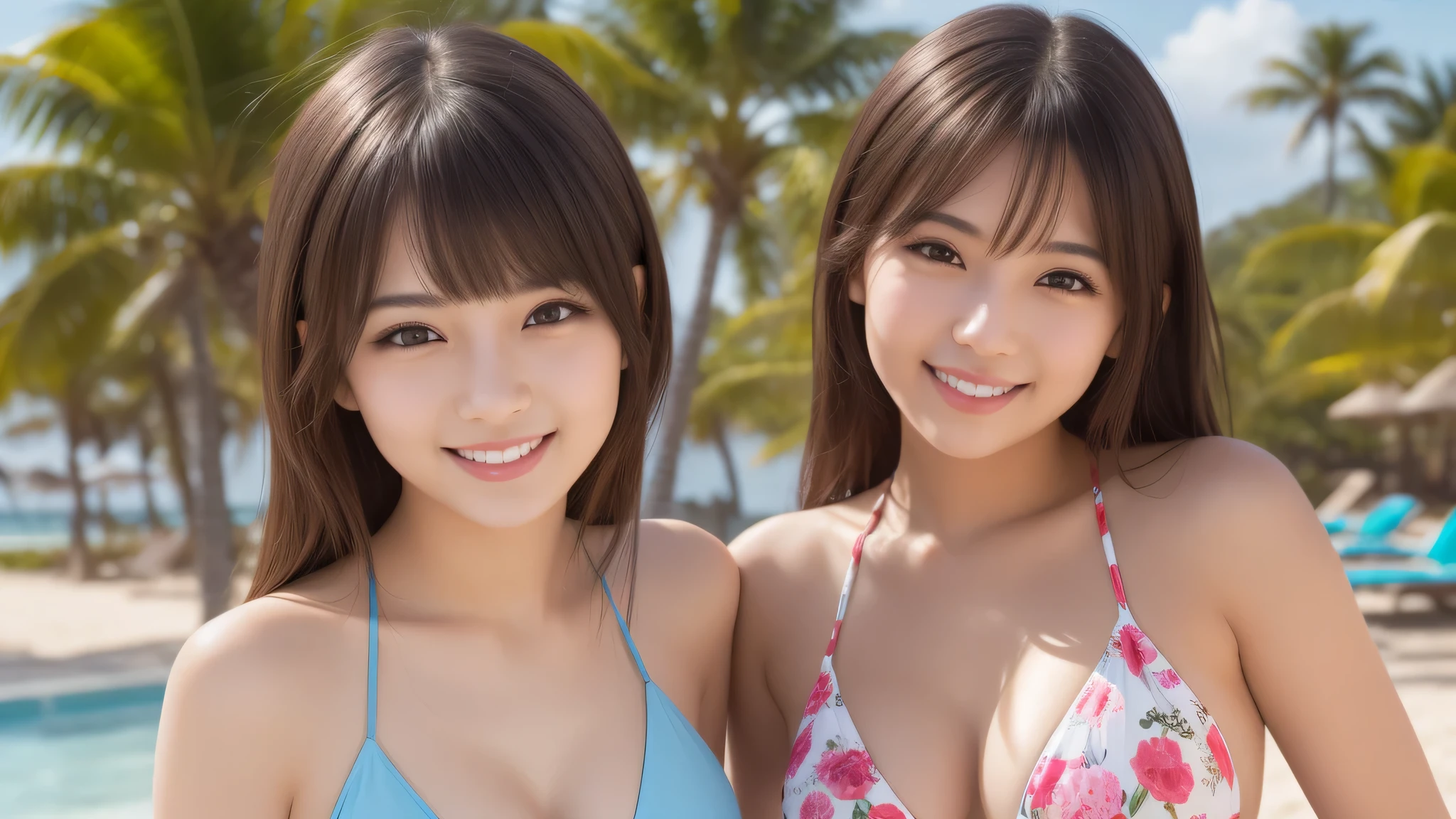 (2girl), air bangs, beautiful girl, enchanting smile, (extremely detailed beautiful face), (highly detailed eyes, highly detailed face), (bikini), Fresh, very clean appearance, (best Quality:1.4), (hyper-realistic, hight resolution), Professional Photography, beach, palm trees, standing
