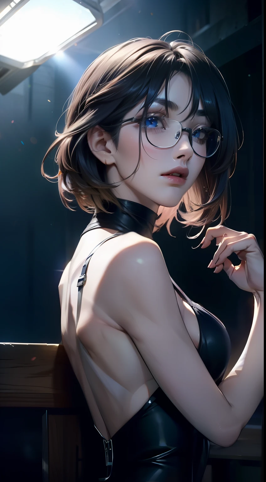 Ridiculous resolution, Ultra-detailed, Best Quality, Illustration, 8K, 超A high resolution, Gray ash hair、Pixie Short、Forehead、eye glass、Short、Tiny、Pin Heel Midnight、 slender, cum in ,straight haired、Short hair, Glasses , (((Sweat)))、turtleneck dress、skiny、Pin Heel Sandals、beauty legs、
Have a handheld game console,NOWAI、Back alley、Full body painting、detailed face、delicate facial features、detailed skin、shiny skin