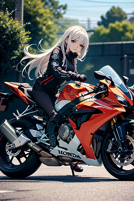 HONDA CBR1000RR-R,Girl leaning on bike、young woman、18-year-old、Long Hair