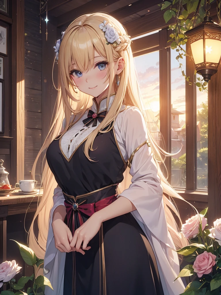 masterpiece, best quality, ultra detailed, sparkling eyes, The image depicts an anime-style girl standing indoors with a gentle and slightly playful smile. She has long, flowing blonde hair that cascades down her back and is adorned with a white flower and green leaves on the side. Her large green eyes are expressive and add to her kind appearance. She is wearing a white dress with short sleeves that have ruffled edges. The dress features a red ribbon tied at the collar, gold buttons down the front, a fitted waist, and a skirt that flares out slightly with delicate gold trim at the hem. The setting appears cozy and warmly lit by natural light coming through a window on the left side. The window has a wooden frame and a small potted plant sits on the windowsill. A wooden table is also visible, and on it stands a glass filled with a light-colored drink, possibly juice or wine. The overall ambiance of the room is inviting, with warm tones and a homey feel, complemented by additional background elements like a framed picture on the wall and a light switch nearby