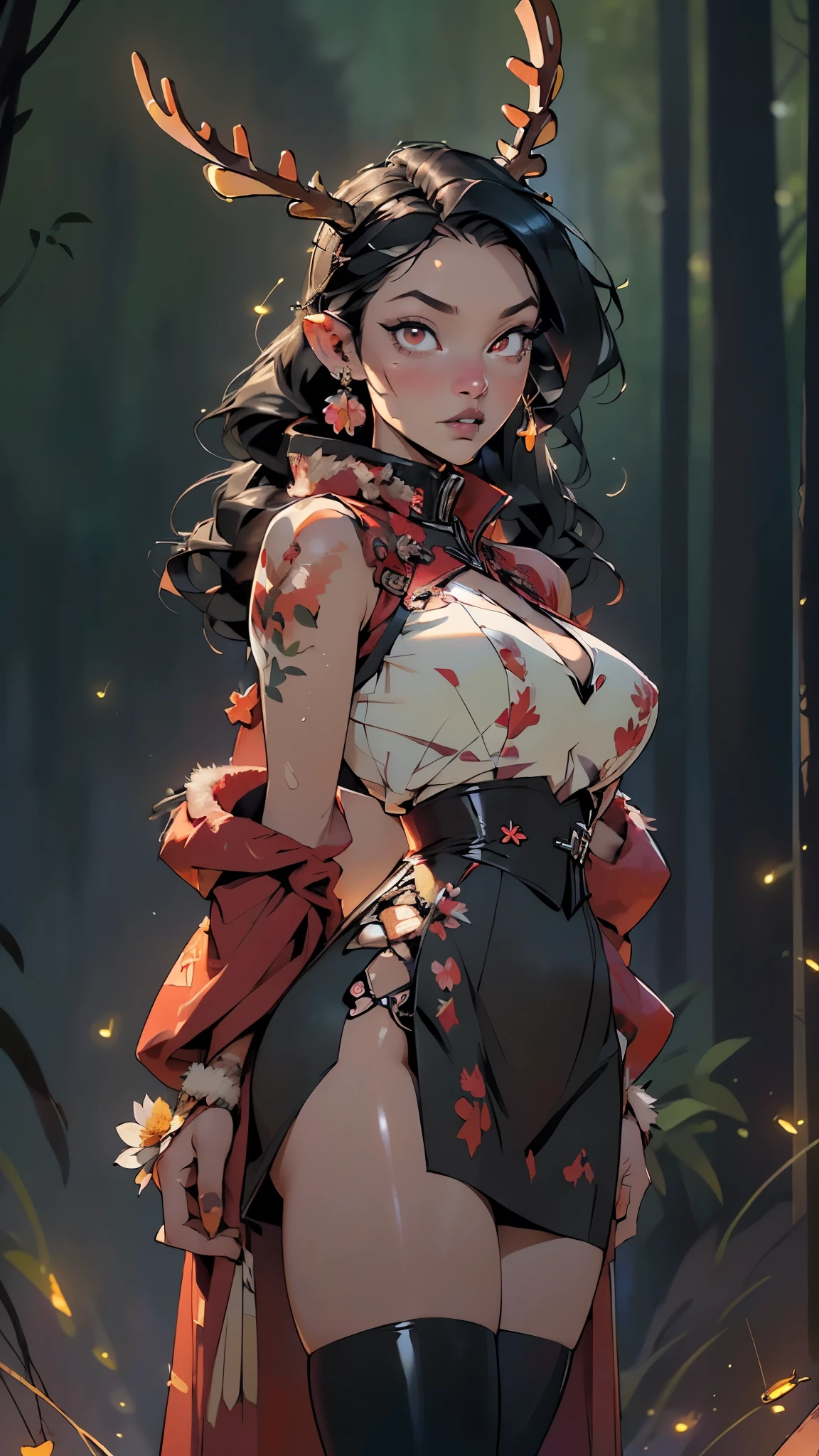 gothic reindeer girl,(((1girl))),((extremely cute and beautiful black haired anime gothic reindeer girl)),

(((anthro furry:1.2),Playboy_Reindeer, reindeer_antlers,(huge antlers:1.5,dear antlers:1.5,blooming antlers:1.5))),(large breasts:1.4),saggy breasts,((((black straight hair:1.35,absurdly long hair,ear breathing)))),(((red_eyes:1.3))),intricate eyes,beautiful detailed eyes,symmetrical eyes,big eyes:1.5,(((lustrous skin:1.5,bright skin: 1.5,skin tanned,shiny skin,very shiny skin,shiny body,plastic glitter skin,exaggerated shiny skin,illuminated skin))),(spider lower abdomen,narrow waist,wide hip,athletic body,inflated legs,thick thighs,detailed body,(detailed face)),

cute,slutty,seductive,erotic,(((nsfw))),

zettai ryouiki,revealing clothing,show skin,(((Sexy goth fur coat, goth fur coat outfit,wearing a goth fur coat:1.3,dark red coat))),((red goth mini-skirt,red goth mini skirt,visible thong straps, navel)),((underpants strap)),(red gothic clothes,semi-naked,with little goth clothing),((((Black Eyeshadow,Thick Black Eyeliner,Long Dramatic Eyelashes,Black Lips))),(((intricate outfit,intricate clothes,embroidered outfit,ornate outfit))),

(dynamic pose:1.0),embarrassed,(centered,scale to fit dimensions,Rule of thirds),

((((many fireflies,fireflies,glowing fireflies,fireflies in the background)))),

((deep and dark cavern)),(mysterious lights in the background, stalagmites, stalactites),scenery:1.25,intricate scenery,((deep and dark cavern background)),

(Glossy ornaments),highres,sharp focus,(ultra detailed,extremely detailed),(photorealistic artwork:1.37),(extremely detailed CG unity 8k wallpaper),(((vibrant colors,vibrant theme))),(intricate),(masterpiece),(best quality),artistic photography,(photography taken by sldr),(intricate background),perfect rendered face,perfect face details,realistic face,photo realistic,((intricate detail)),(((realism))),
