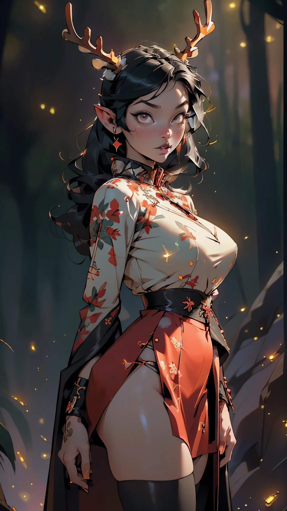 gothic reindeer girl,(((1girl))),((extremely cute and beautiful black haired anime gothic reindeer girl)),

(((anthro furry:1.2),Playboy_Reindeer, reindeer_antlers,(huge antlers:1.5,dear antlers:1.5,blooming antlers:1.5))),(large breasts:1.4),saggy breasts,((((black straight hair:1.35,absurdly long hair,ear breathing)))),(((red_eyes:1.3))),intricate eyes,beautiful detailed eyes,symmetrical eyes,big eyes:1.5,(((lustrous skin:1.5,bright skin: 1.5,skin tanned,shiny skin,very shiny skin,shiny body,plastic glitter skin,exaggerated shiny skin,illuminated skin))),(spider lower abdomen,narrow waist,wide hip,athletic body,inflated legs,thick thighs,detailed body,(detailed face)),

cute,slutty,seductive,erotic,(((nsfw))),

zettai ryouiki,revealing clothing,show skin,(((Sexy goth fur coat, goth fur coat outfit,wearing a goth fur coat:1.3,dark red coat))),((red goth mini-skirt,red goth mini skirt,visible thong straps, navel)),((underpants strap)),(red gothic clothes,semi-naked,with little goth clothing),((((Black Eyeshadow,Thick Black Eyeliner,Long Dramatic Eyelashes,Black Lips))),(((intricate outfit,intricate clothes,embroidered outfit,ornate outfit))),

(dynamic pose:1.0),embarrassed,(centered,scale to fit dimensions,Rule of thirds),

((((many fireflies,fireflies,glowing fireflies,fireflies in the background)))),

((deep and dark cavern)),(mysterious lights in the background, stalagmites, stalactites),scenery:1.25,intricate scenery,((deep and dark cavern background)),

(Glossy ornaments),highres,sharp focus,(ultra detailed,extremely detailed),(photorealistic artwork:1.37),(extremely detailed CG unity 8k wallpaper),(((vibrant colors,vibrant theme))),(intricate),(masterpiece),(best quality),artistic photography,(photography taken by sldr),(intricate background),perfect rendered face,perfect face details,realistic face,photo realistic,((intricate detail)),(((realism))),
