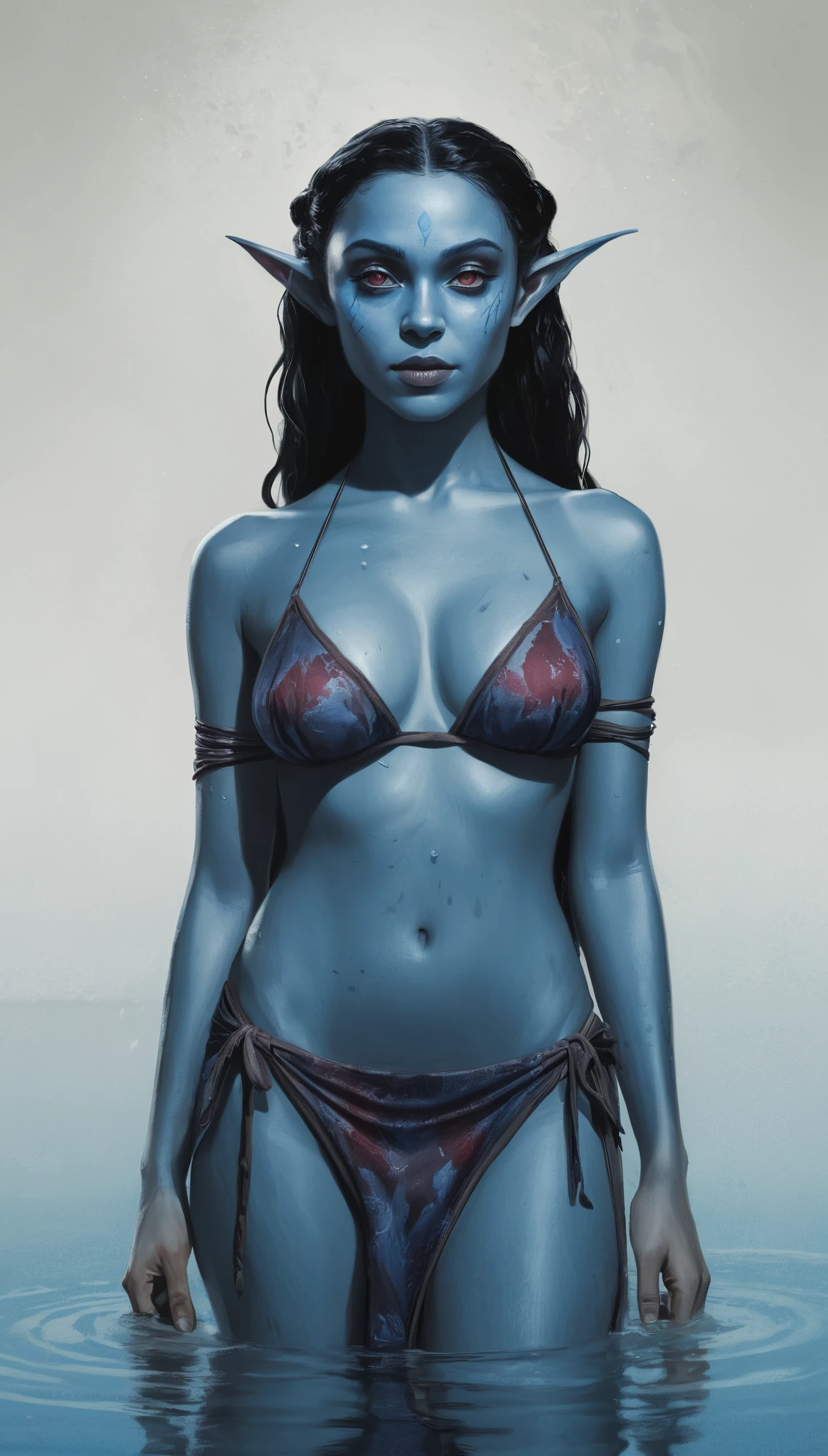 An illustrated movie poster, hand-drawn, full color, a young drow girl, drow elf, wearing a sarong bikini, blue skin, blue complexion, pointy elf ears, ruby eyes, dark hair, long loose waves, waist-length hair, posing in a steamy sulfur pool, hard shadows, graphite shading, stencil marks, airbrushed acrylic paint, masterpiece, in the style of Game of Thrones