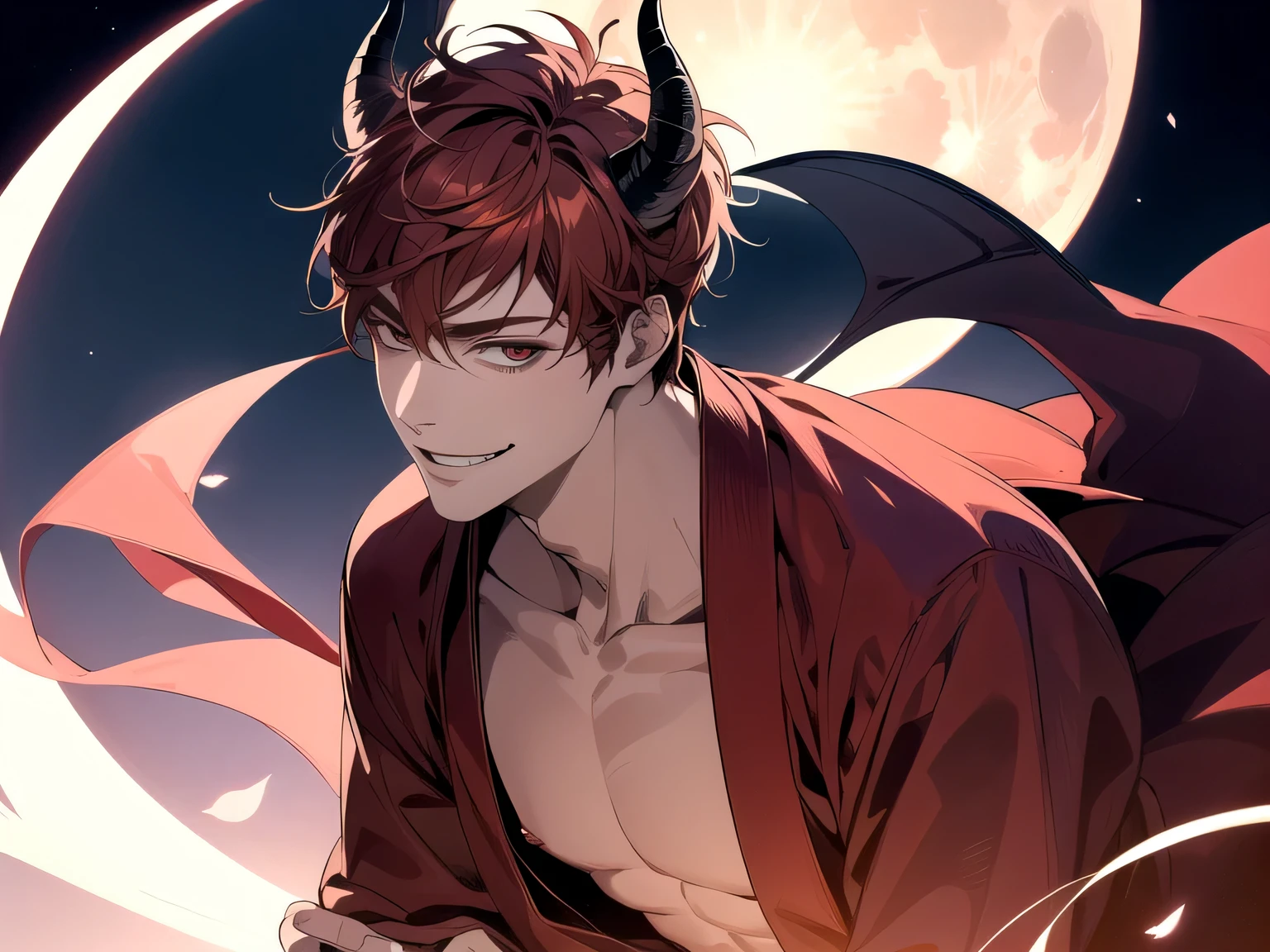 Has demon horns on his head,Angle from below,Kabedon,Impressive,((Dynamic Angle)),masterpiece,male,one person,Upper Body, Face close-up,Short Red Hair, Bright atmosphere, smile,Brown skin, Dressed in a kimono and barefoot,One light butterfly,Night Full Moon,Cherry Blossoms at Night