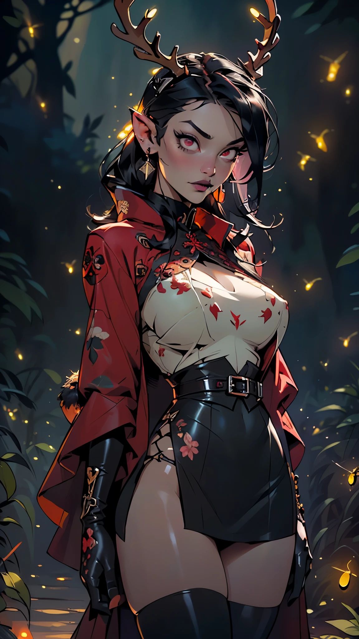 gothic reindeer girl,(((1girl))),((extremely cute and beautiful black haired anime gothic reindeer girl)),

(((anthro furry:1.2),Playboy_Reindeer, reindeer_antlers,(huge antlers:1.5,dear antlers:1.5,blooming antlers:1.5))),(large breasts:1.4),saggy breasts,((((black straight hair:1.35,absurdly long hair,ear breathing)))),(((red_eyes:1.3))),intricate eyes,beautiful detailed eyes,symmetrical eyes,big eyes:1.5,(((lustrous skin:1.5,bright skin: 1.5,skin tanned,shiny skin,very shiny skin,shiny body,plastic glitter skin,exaggerated shiny skin,illuminated skin))),(spider lower abdomen,narrow waist,wide hip,athletic body,inflated legs,thick thighs,detailed body,(detailed face)),

cute,slutty,seductive,erotic,(((nsfw))),

zettai ryouiki,revealing clothing,show skin,(((Sexy goth fur coat, goth fur coat outfit,wearing a goth fur coat:1.3,dark red coat))),((red goth mini-skirt,red goth mini skirt,visible thong straps, navel)),((underpants strap)),(red gothic clothes,semi-naked,with little goth clothing),((((Black Eyeshadow,Thick Black Eyeliner,Long Dramatic Eyelashes,Black Lips))),(((intricate outfit,intricate clothes,embroidered outfit,ornate outfit))),

(dynamic pose:1.0),embarrassed,(centered,scale to fit dimensions,Rule of thirds),

((((many fireflies,fireflies,glowing fireflies,fireflies in the background)))),

((deep and dark cavern)),(mysterious lights in the background, stalagmites, stalactites),scenery:1.25,intricate scenery,((deep and dark cavern background)),

(Glossy ornaments),highres,sharp focus,(ultra detailed,extremely detailed),(photorealistic artwork:1.37),(extremely detailed CG unity 8k wallpaper),(((vibrant colors,vibrant theme))),(intricate),(masterpiece),(best quality),artistic photography,(photography taken by sldr),(intricate background),perfect rendered face,perfect face details,realistic face,photo realistic,((intricate detail)),(((realism))),
