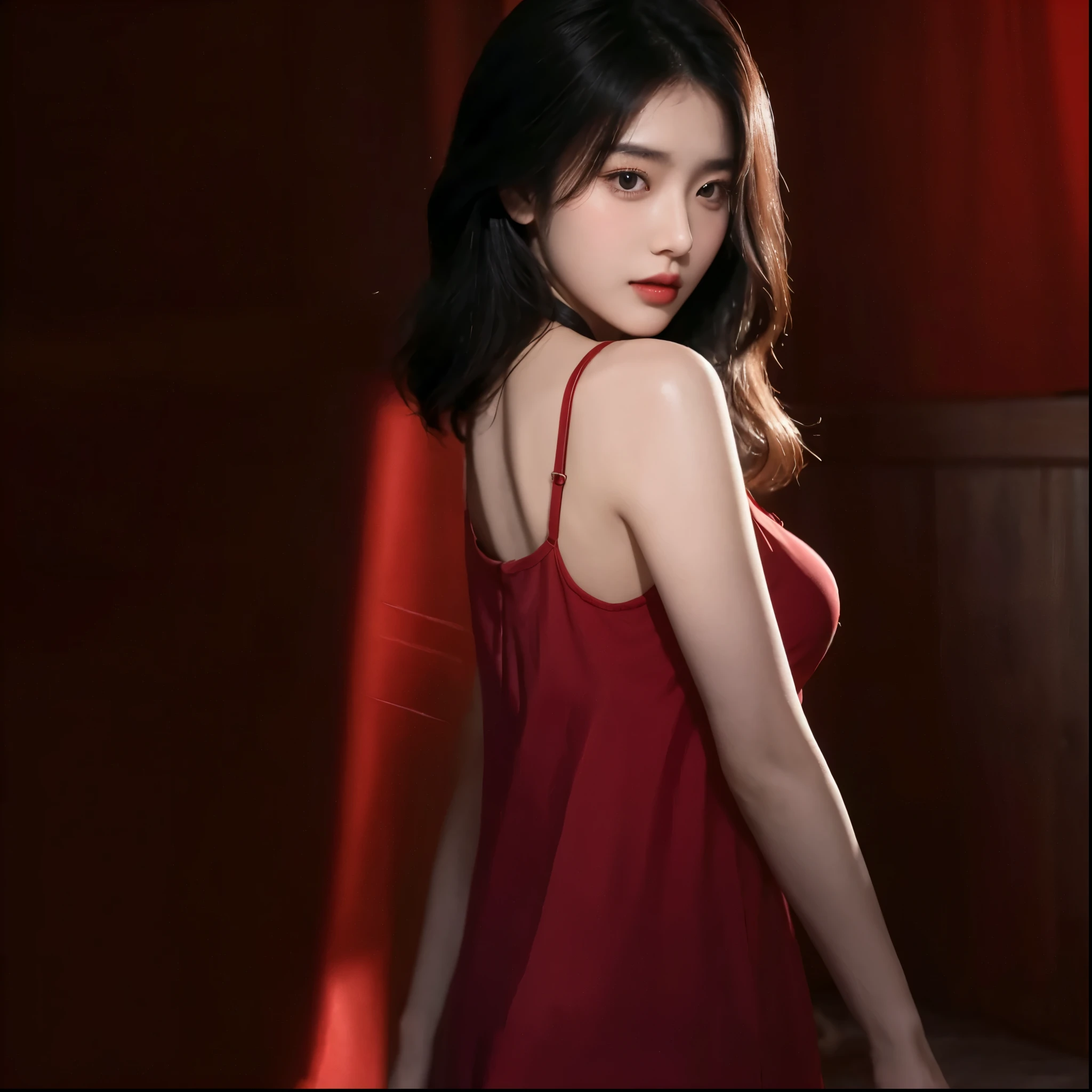 RAW, Masterpiece, Ultra Fine Photo, Best Quality, Ultra High Resolution, Photorealistic, Sunlight, Full Body Portrait, Stunningly Beautiful, Delicate Face, Vibrant Eyes, very detailed background, detailed face, Milky white, high detailed skin, realistic skin detail, visible pores, 16k uhd, dslr, high quality, film grain, fair skin, sitting on the bed, red dress, see-through dress completely, no bra, panties see-through , legs wide open, detailed body, pubic area clearly visible, window behind,