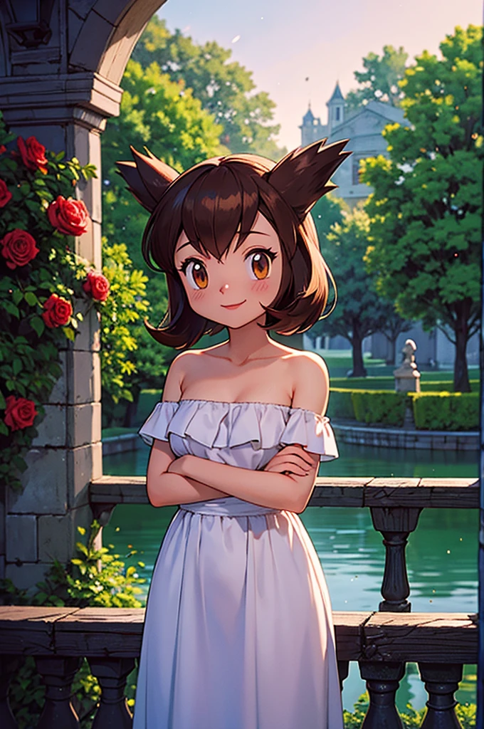 masterpiece, best quality, ultra-detailed, illustration, beautiful detailed eyes, very detailed illustration, cinematic lighting, 1 girl, solo, Pokemon Heroes (Bianca), Brown Hair, brown eyes, bare shoulders, strapless, off shoulders, white ruffle off the shoulder maxi dress, intricate details, sharp focus, high resolution, the background of beautiful garden with rose bushes, on a beautiful night, crescent moon, night blue skies, smile, standing near a lake, crossed arms, anime style, ultra-detailed, hdr, far at the bottom, in the center, Close up