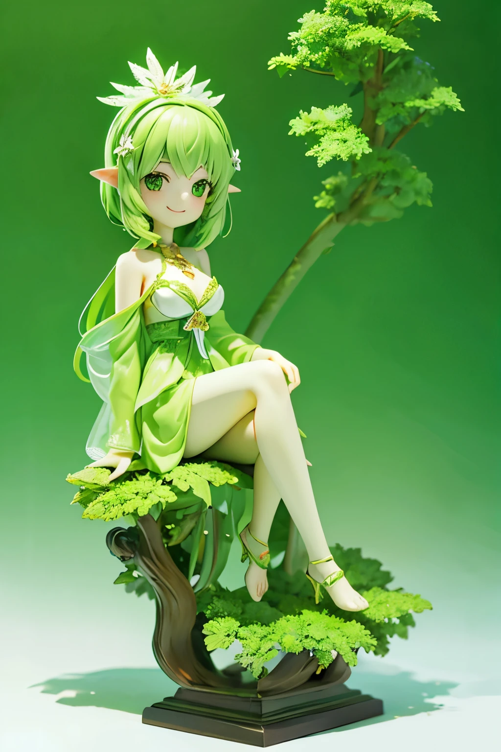 high resolution　Beautiful Skin　detailed picture　pretty girl　smile　Green Hair　Dryad　ivy　Figures　pedestal