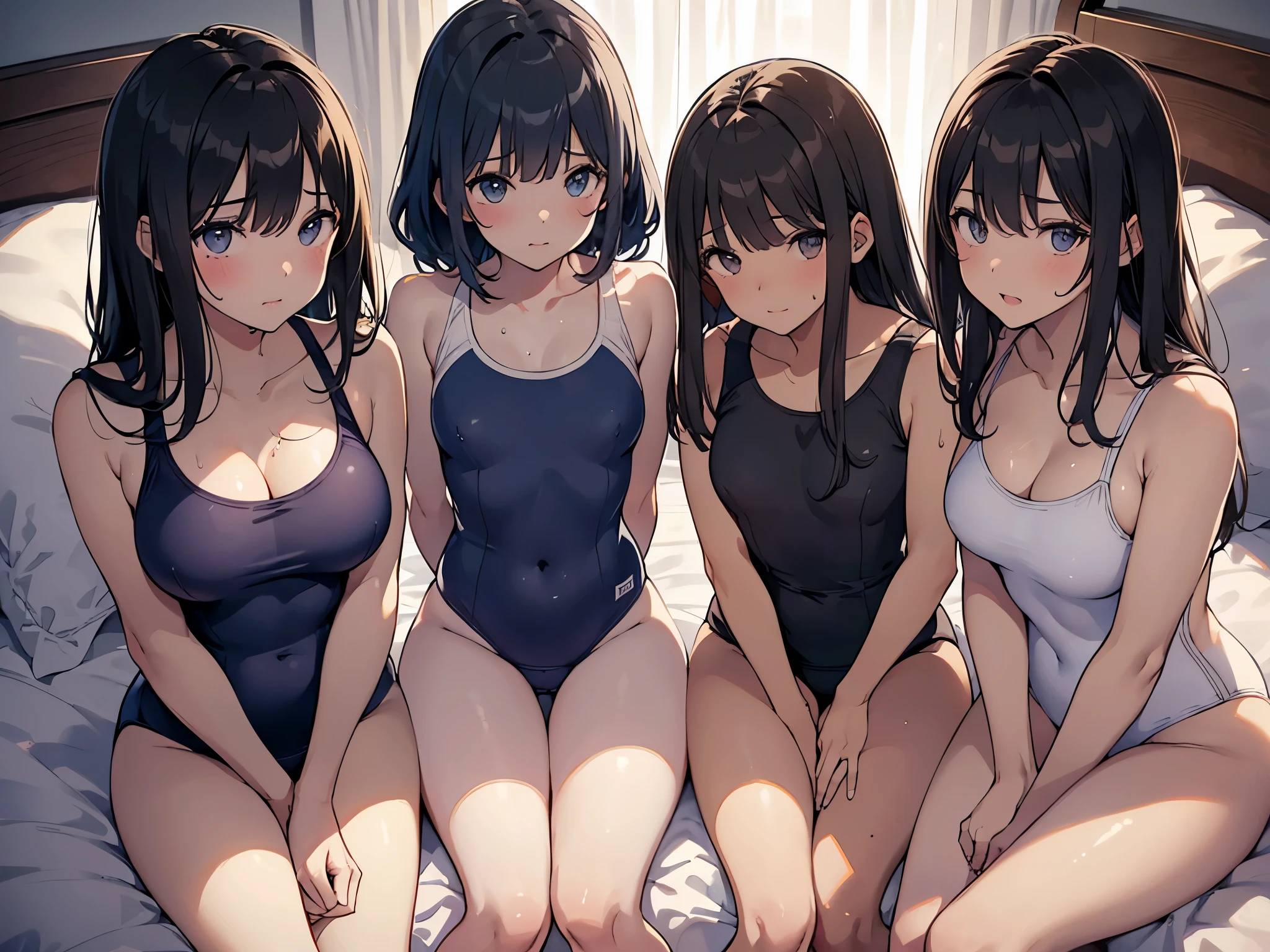 (NSFW), (((four girls))), (((girls group))), (((Group illustration))), (((Group shot))), ((((simple composition illustration)))), (high school girls), (((highschool Swimsuit))), (darkblue Swimsuit), ((girls sitting bed)), (on large white bed), (in bedroom), (in night hotel room), ((girls close-up)), (night), ((black hair girls)), (girls lewd Laughing), (((girls sweaty))), (warm color scheme), Extremely exquisite body, beautiful detailed glow, cinematic lighting, 4K illustration, masterpiece, best quality, by top artist, by famous artist, by plo artist, (lotion play)